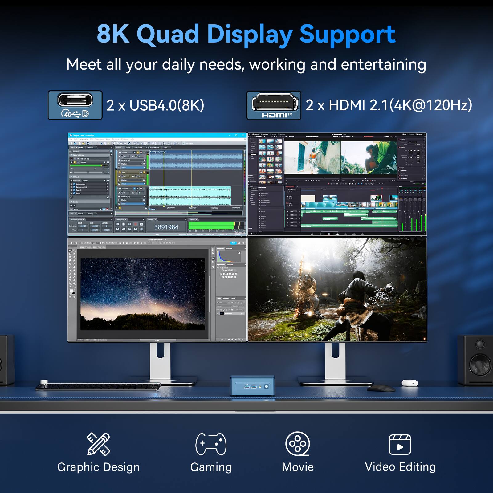 8K Quad Display Support  
Meet all your daily needs, working and entertaining  

2 x USB4.0(8K)  
2 x HDMI 2.1 (4K@120Hz)  

Graphic Design  
Gaming  
Movie  
Video Editing