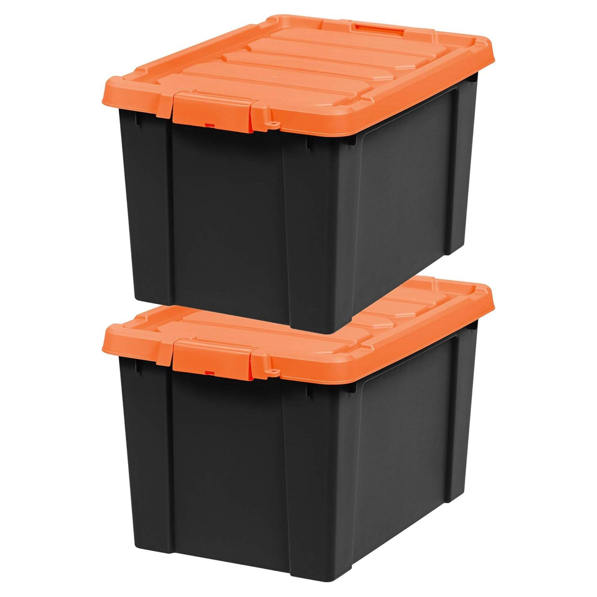 Front. IRIS USA - IRIS USA 2 Pack, 20 Gal Lockable Storage Bins Stackable Containers, Black/Orange - Black, Orange.