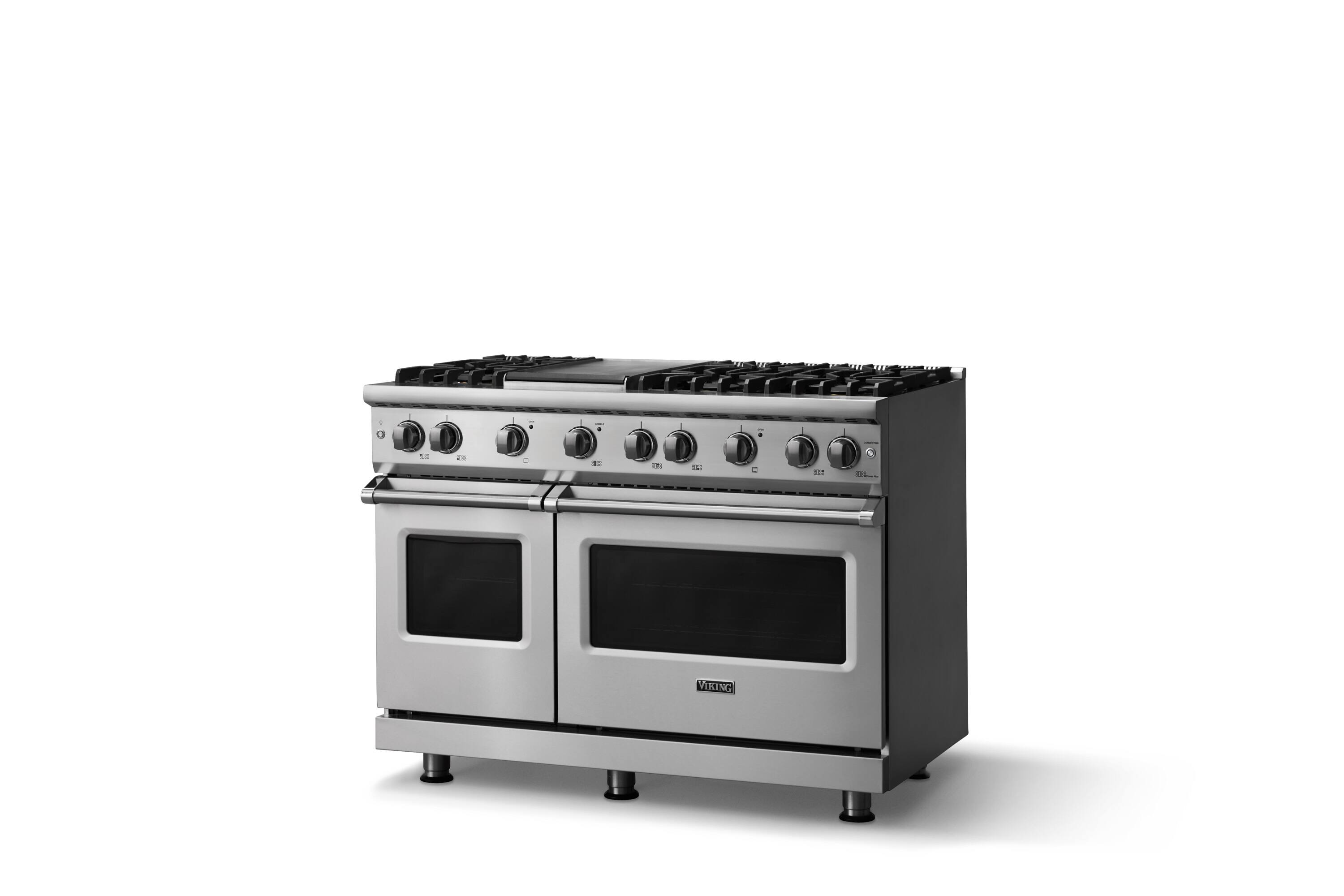 Angle. Viking - 48"W. 6.1 Cu.Ft. Freestanding Manual Clean Sealed 8B Gas Convection Range/Grdl/Double Oven-Stainless Steel - Stainless Steel.