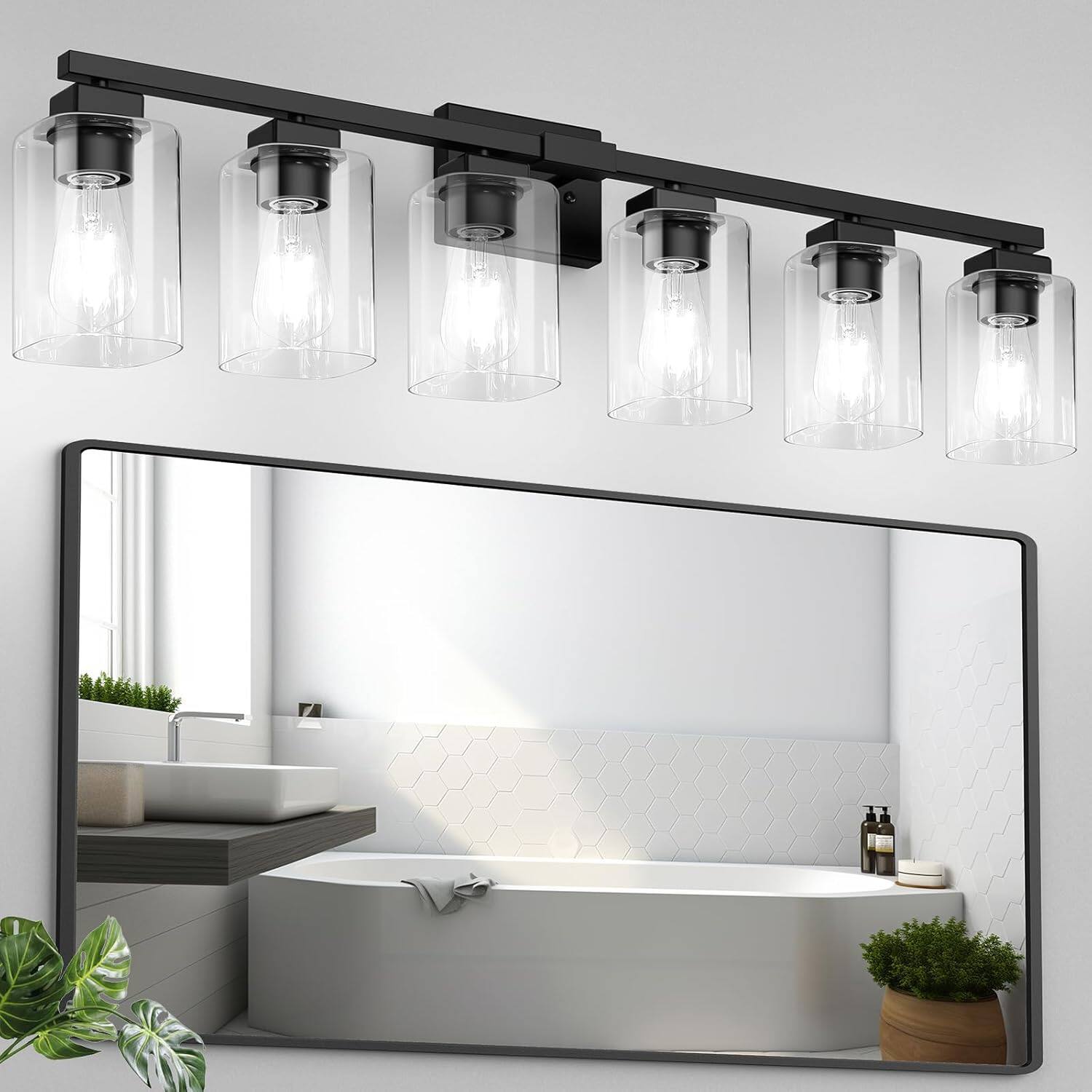 Front. Nordic Hygge - 37 inches 6-Light Bathroom Light Fixture, Modern Black Vanity Light, Bathroom Lighting Fixtures Over Mirror - Black.