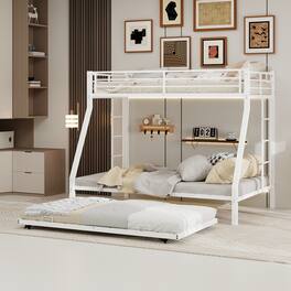 Loheer - Metal Triple Bunk Bed Twin Over Full with Twin Trundle Steel Frame Heavy Duty - White