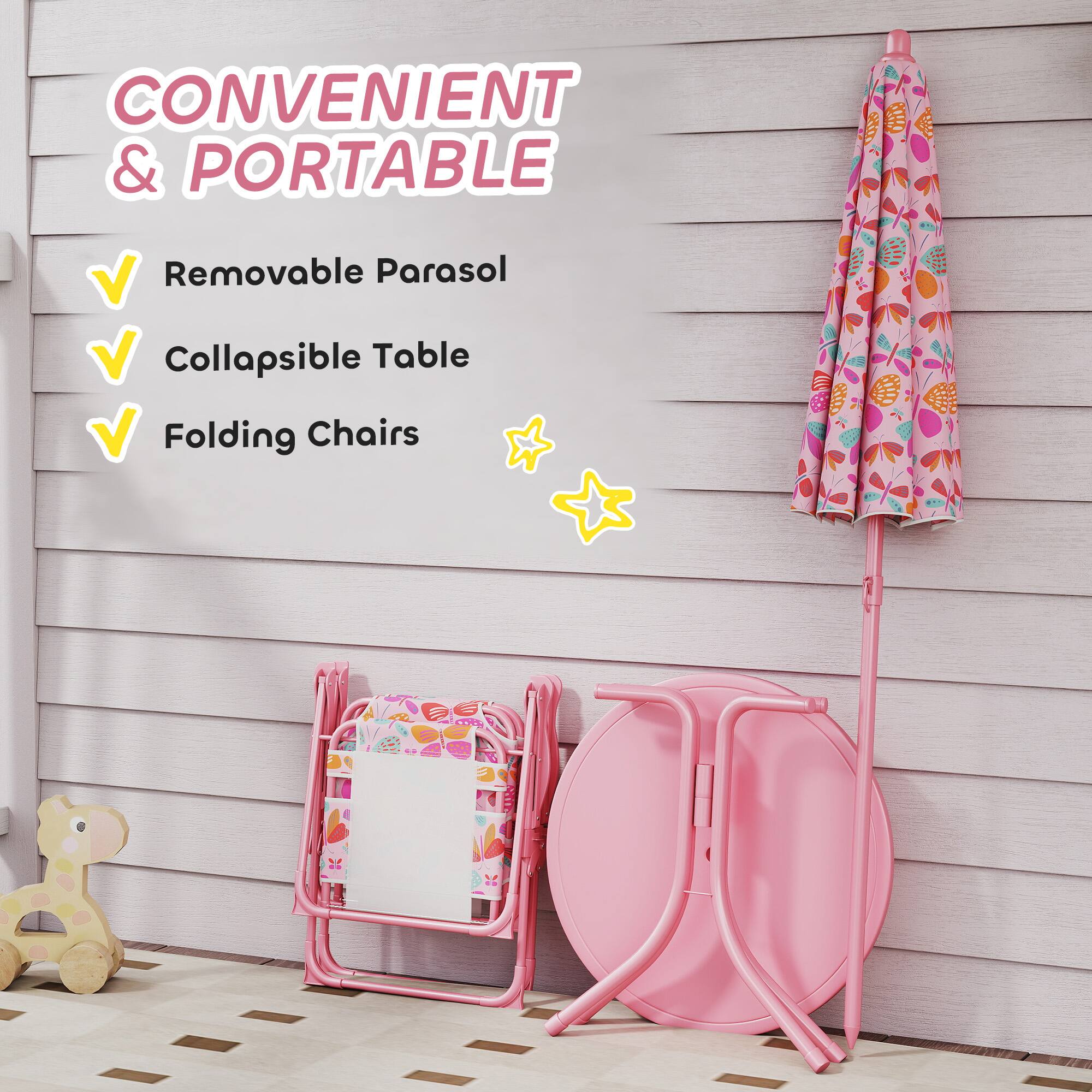 CONVENIENT & PORTABLE  
- Removable Parasol  
- Collapsible Table  
- Folding Chairs