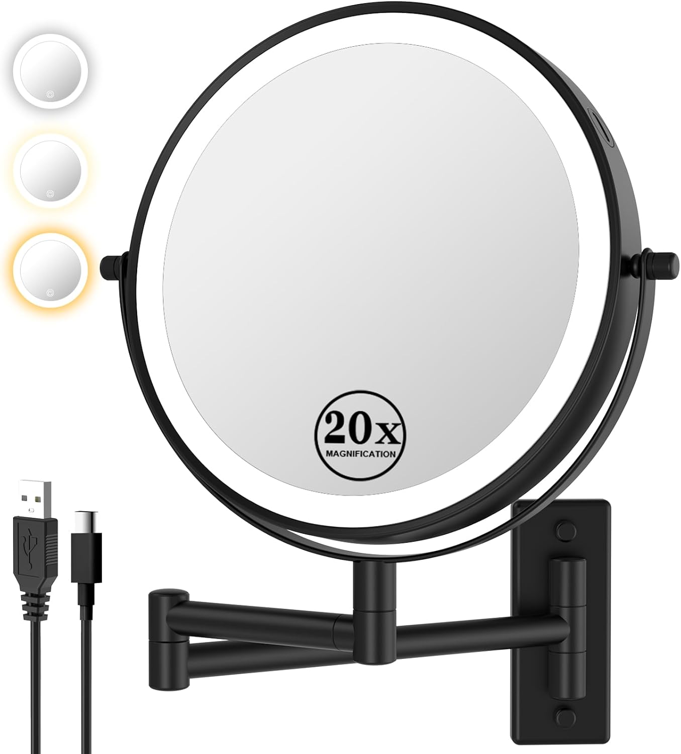 Stamp n Camp - 20X/1X Wall Mounted Makeup Mirror with 3 Color Lights, 8'' Double Side Wall-Mount Magnifying Mirror, Dimmable Bathroom - length  43 X width 30