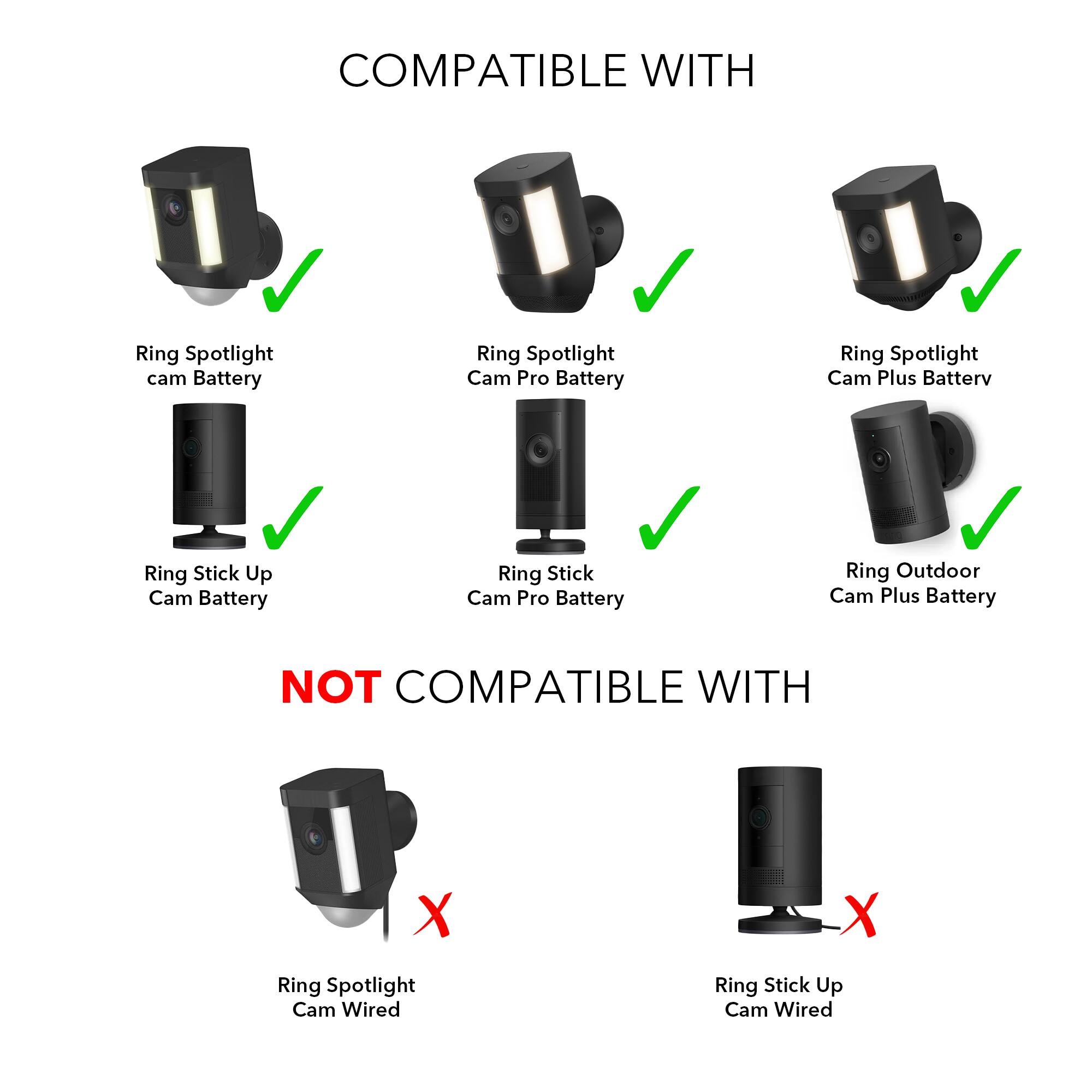 COMPATIBLE WITH

- Ring Spotlight Cam Battery
- Ring Spotlight Cam Pro Battery
- Ring Spotlight Cam Plus Battery
- Ring Stick Up Cam Battery
- Ring Stick Cam Pro Battery
- Ring Outdoor Cam Plus Battery

NOT COMPATIBLE WITH

- Ring Spotlight Cam Wired
- Ring Stick Up Cam Wired