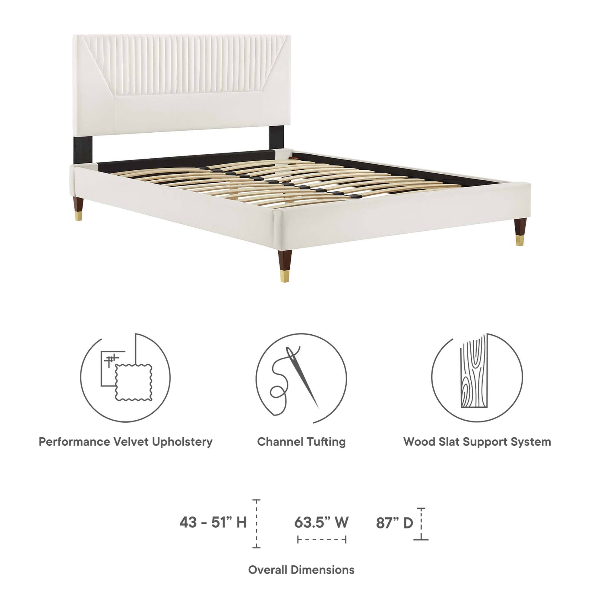 Performance Velvet Upholstery  
Channel Tufting  
Wood Slat Support System  

Overall Dimensions:  
43 - 51" H  
63.5" W  
87" D