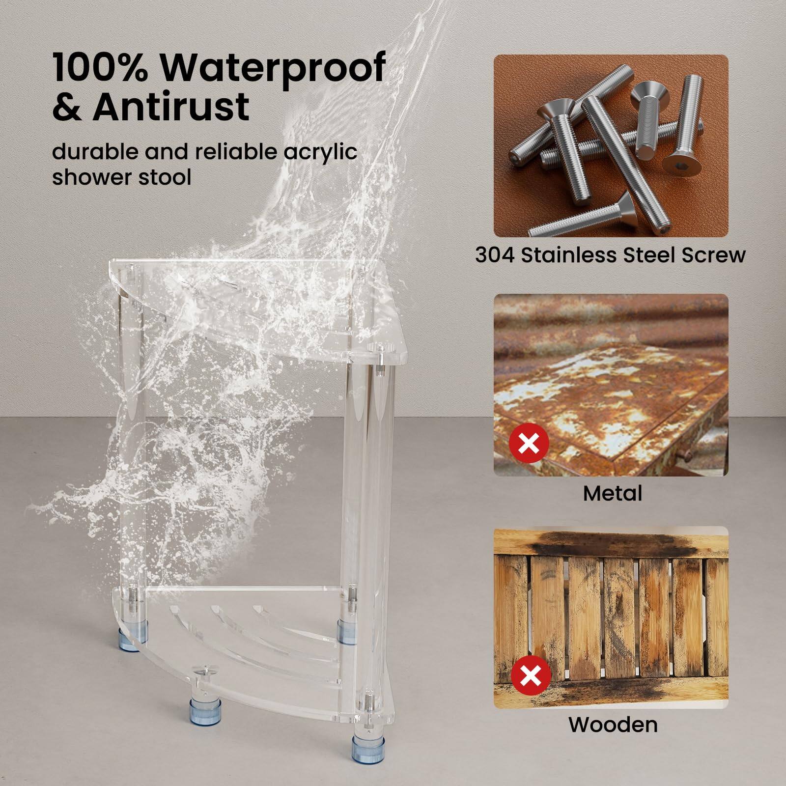 100% Waterproof & Antirust  
durable and reliable acrylic shower stool  

304 Stainless Steel Screw  

Metal  
Wooden