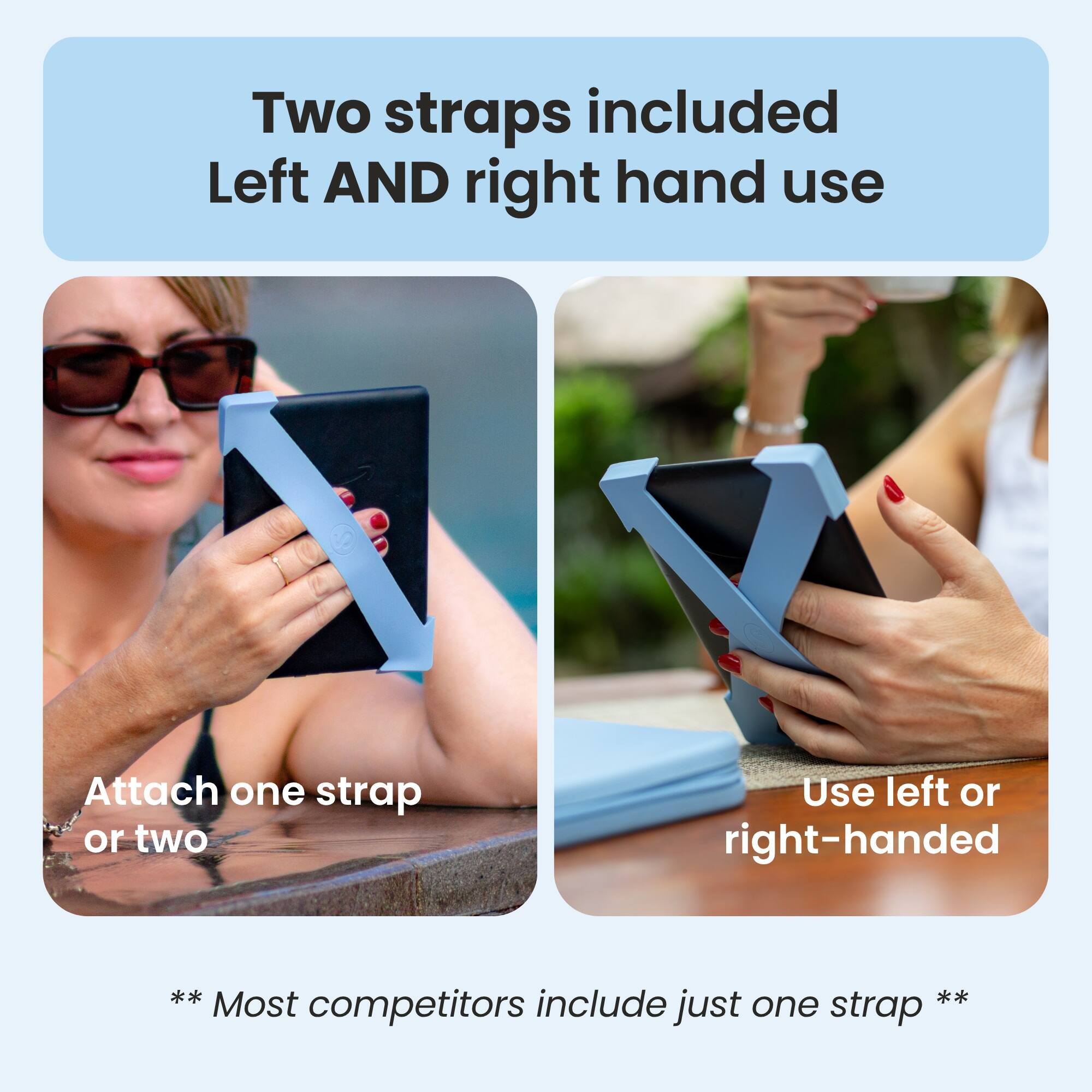 Two straps included  
Left AND right hand use

Attach one strap or two

Use left or right-handed

** Most competitors include just one strap **