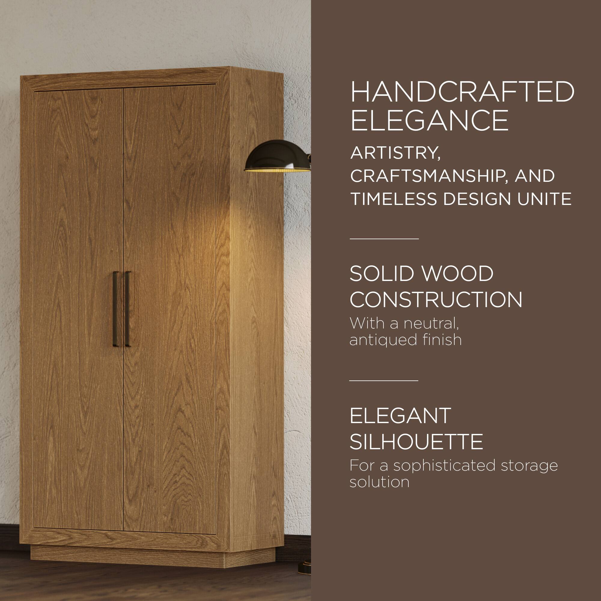 HANDCRAFTED ELEGANCE  
ARTISTRY, CRAFTSMANSHIP, AND TIMELESS DESIGN UNITE  

SOLID WOOD CONSTRUCTION  
With a neutral, antiqued finish  

ELEGANT SILHOUETTE  
For a sophisticated storage solution