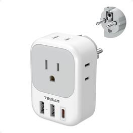 TESSAN - US to Europe Travel Plug Adapter, Type E F Power Adapter with 4 Outlets and 3 USB Ports (1 USB C) for Germany France - Gray and White