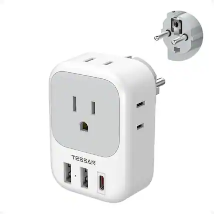 Front. TESSAN - US to Europe Travel Plug Adapter, Type E F Power Adapter with 4 Outlets and 3 USB Ports (1 USB C) for Germany France - Gray and White.
