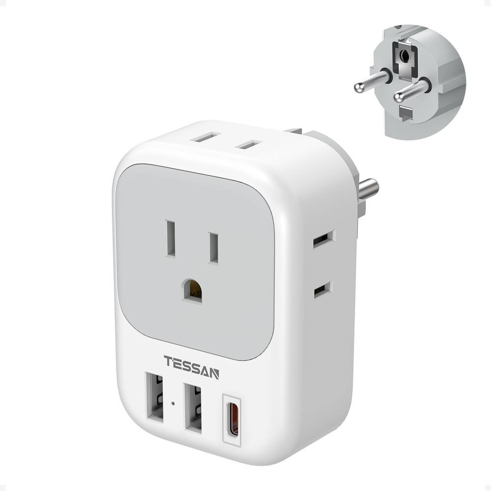 Front. TESSAN - US to Europe Travel Plug Adapter, Type E F Power Adapter with 4 Outlets and 3 USB Ports (1 USB C) for Germany France - Gray and White.