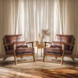Winado - Set of 2 Solid Wood Wide Armrests Accent Mid Century Modern Chair,with Pillow,Reading Chair for Living Room,Bedroom - Faux Leather-Espresso
