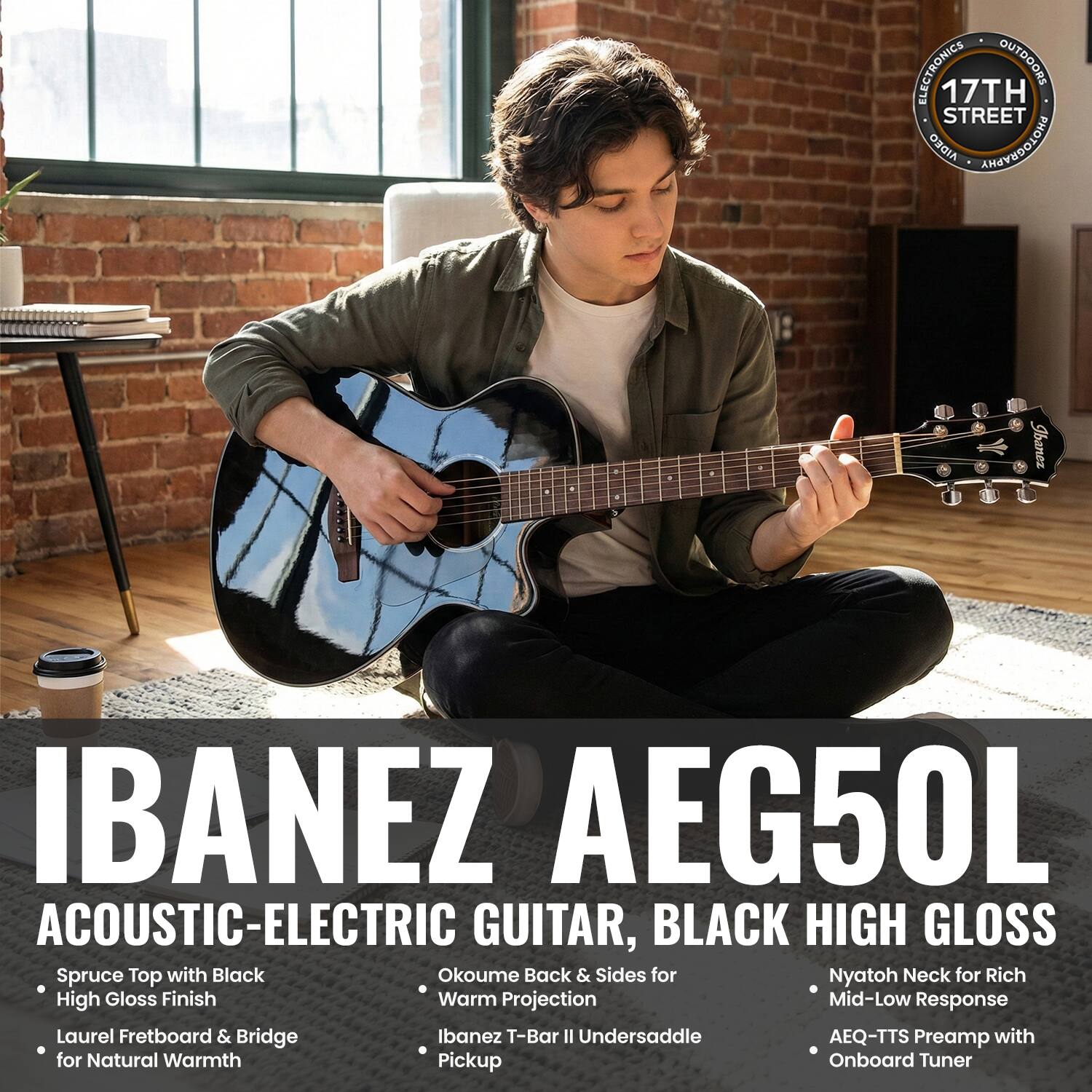 ELECTRONICS OUTDOORS 17TH STREET AIDEO ANVEDOLOHA

IBANEZ AEG50L ACOUSTIC-ELECTRIC GUITAR, BLACK HIGH GLOSS

- Spruce Top with Black High Gloss Finish
- Laurel Fretboard & Bridge for Natural Warmth
- Okoume Back & Sides for Warm Projection
- Ibanez T-Bar II Undersaddle Pickup
- Nyatoh Neck for Rich Mid-Low Response
- AEQ-TTS Preamp with Onboard Tuner