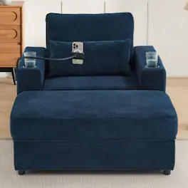 LUCKY ONE - 42.5" Modern Chaise Lounge Armchair Sofa w/ Storage Ottoman USB Cup Holders Phone Holder - Blue
