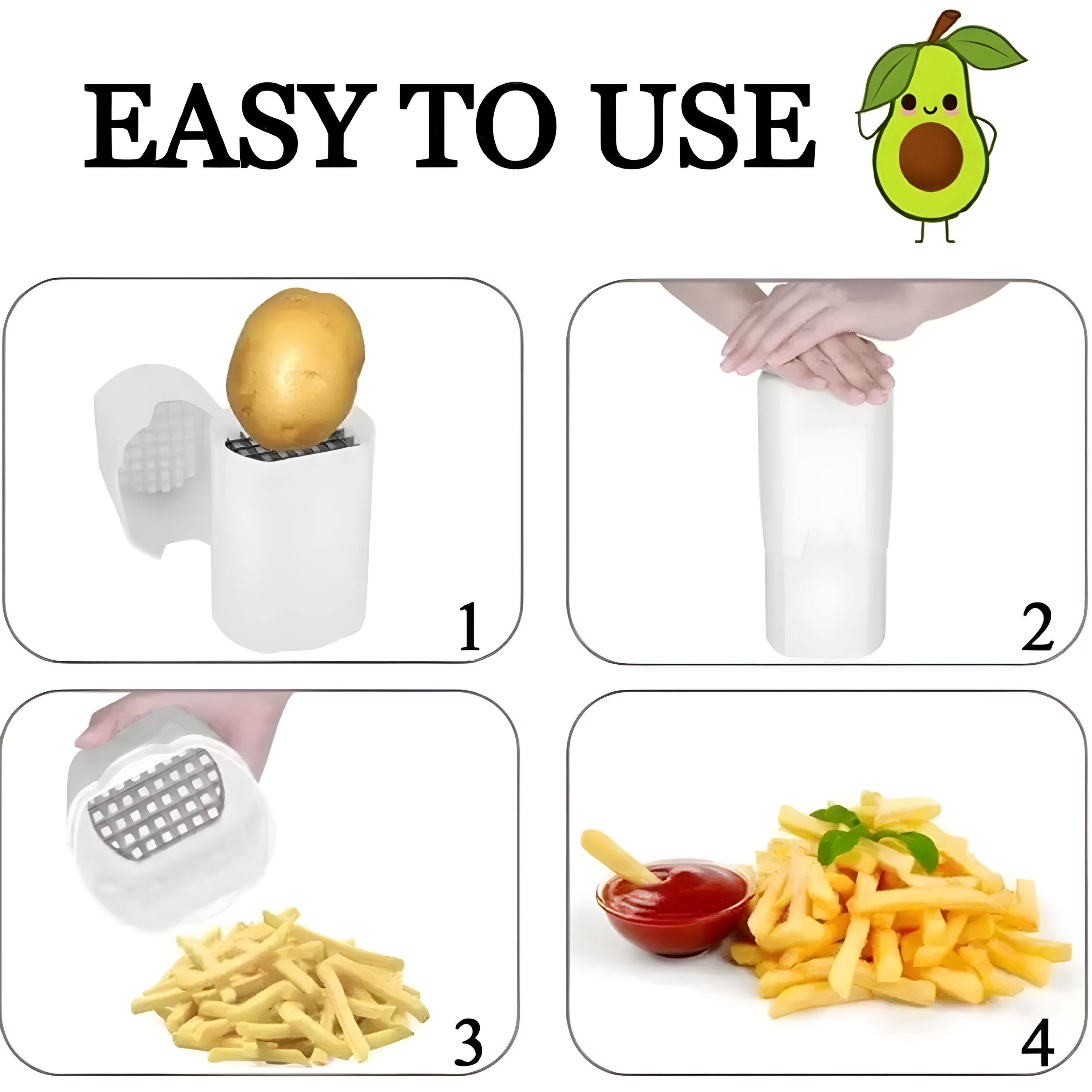 EASY TO USE

1. Place the potato in the holder.
2. Press down on the holder.
3. Grate the potato.
4. Enjoy your fries with ketchup.