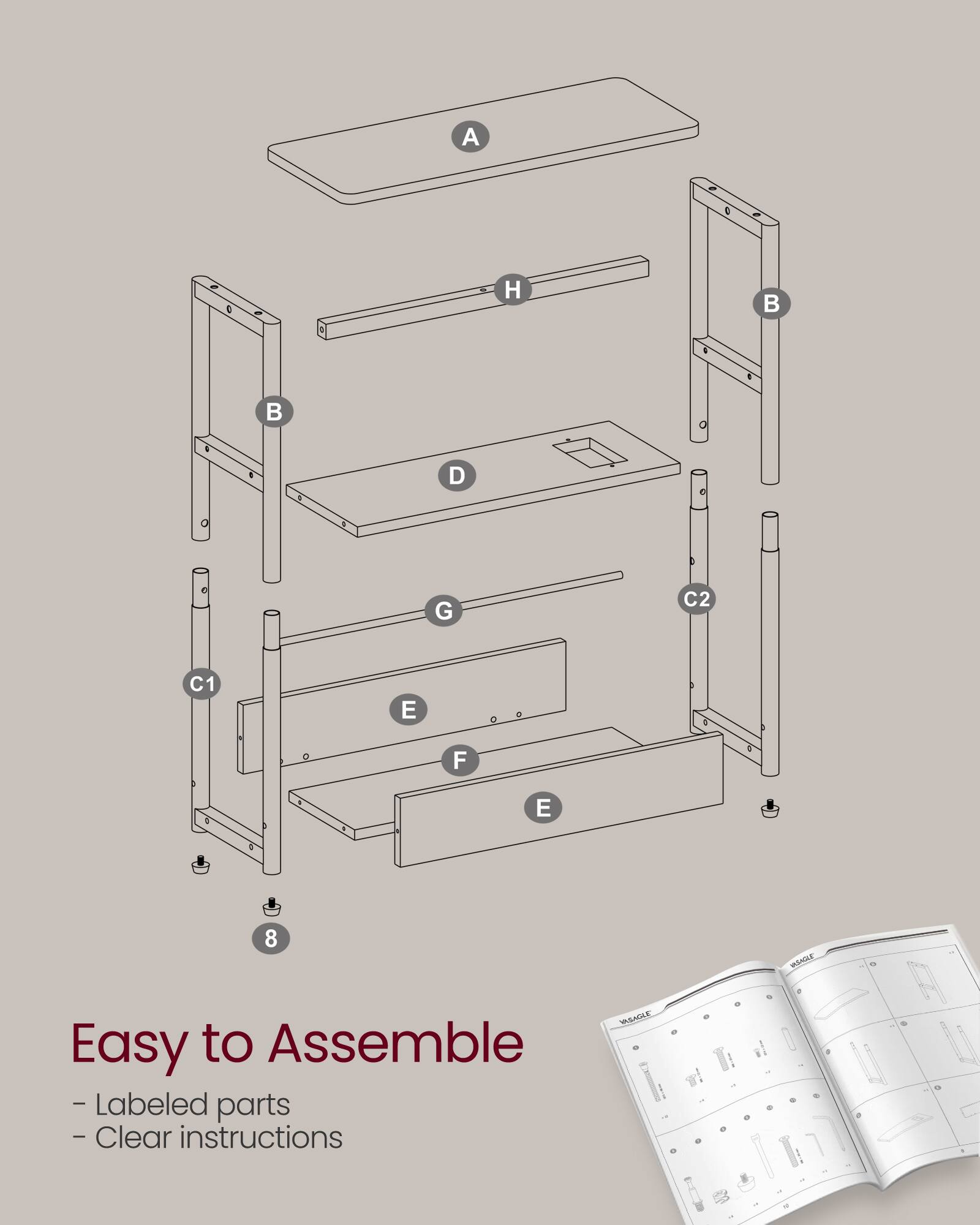A 8 2 H   0 N D O e G C2 C1 E F E 8 RAInEN Easy to Assemble - Labeled parts - Clear instructions WSADLE

Easy to Assemble
- Labeled parts
- Clear instructions