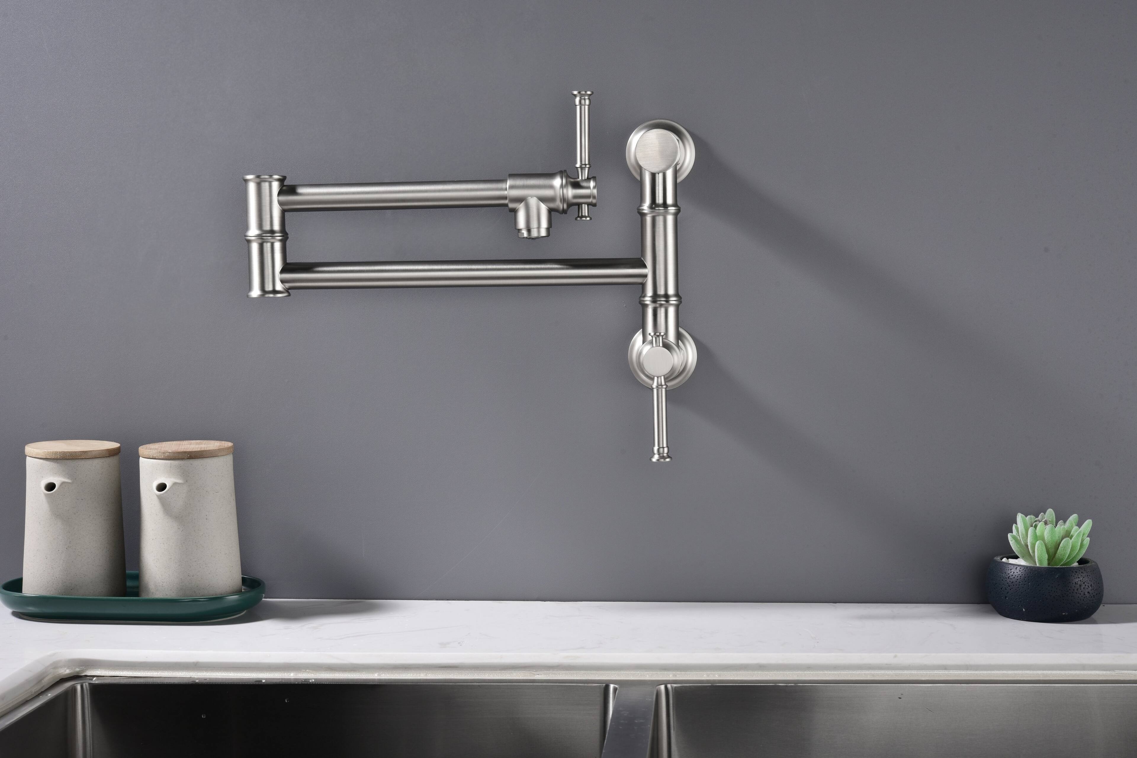 Left. Siljoy - Wall mounted Pot Filler Faucet, Modern Brass Pot Filler Two-Attachment Wall Mount Folding Kitchen Pot Filler Swing Arm - Brushed Nickel.