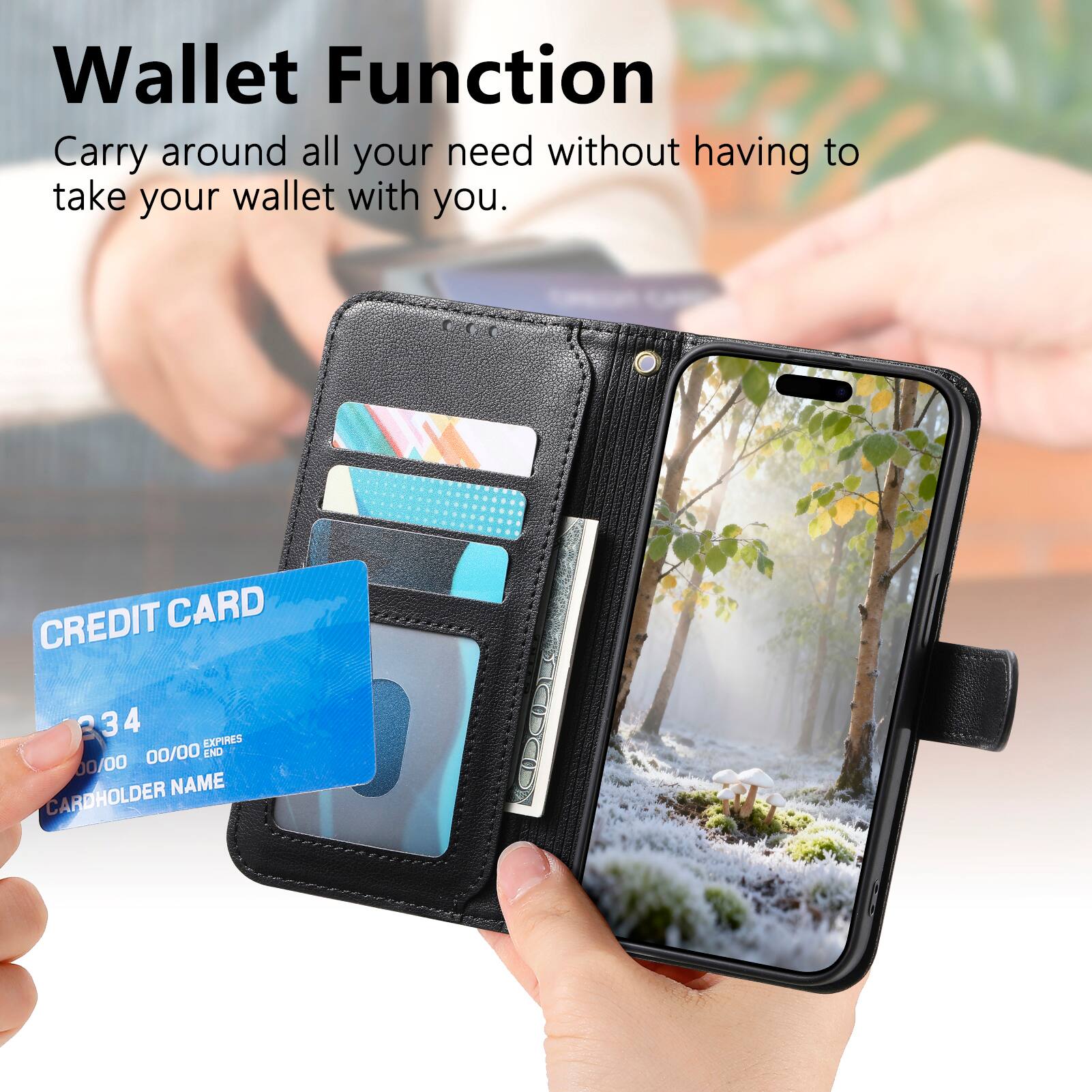 Wallet Function  
Carry around all your needs without having to take your wallet with you.

CREDIT CARD  
234 4  
EXPIRES 00/00  
END 00/00  
CARDHOLDER NAME
