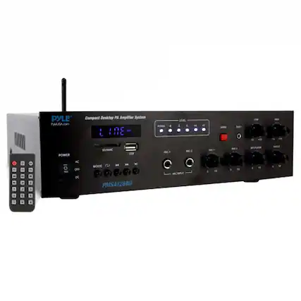 PYLE
PYLEUSA.com
Compact Desktop PA Amplifier System
PMSA126BU
POWER
AC/DC
MODE
MIC1
MIC2
AUX1
AUX2
USB
LINE
LEVEL
LOW
HIGH
MIC1
MIC2
AUX1
AUX2
USB
PMSA126BU