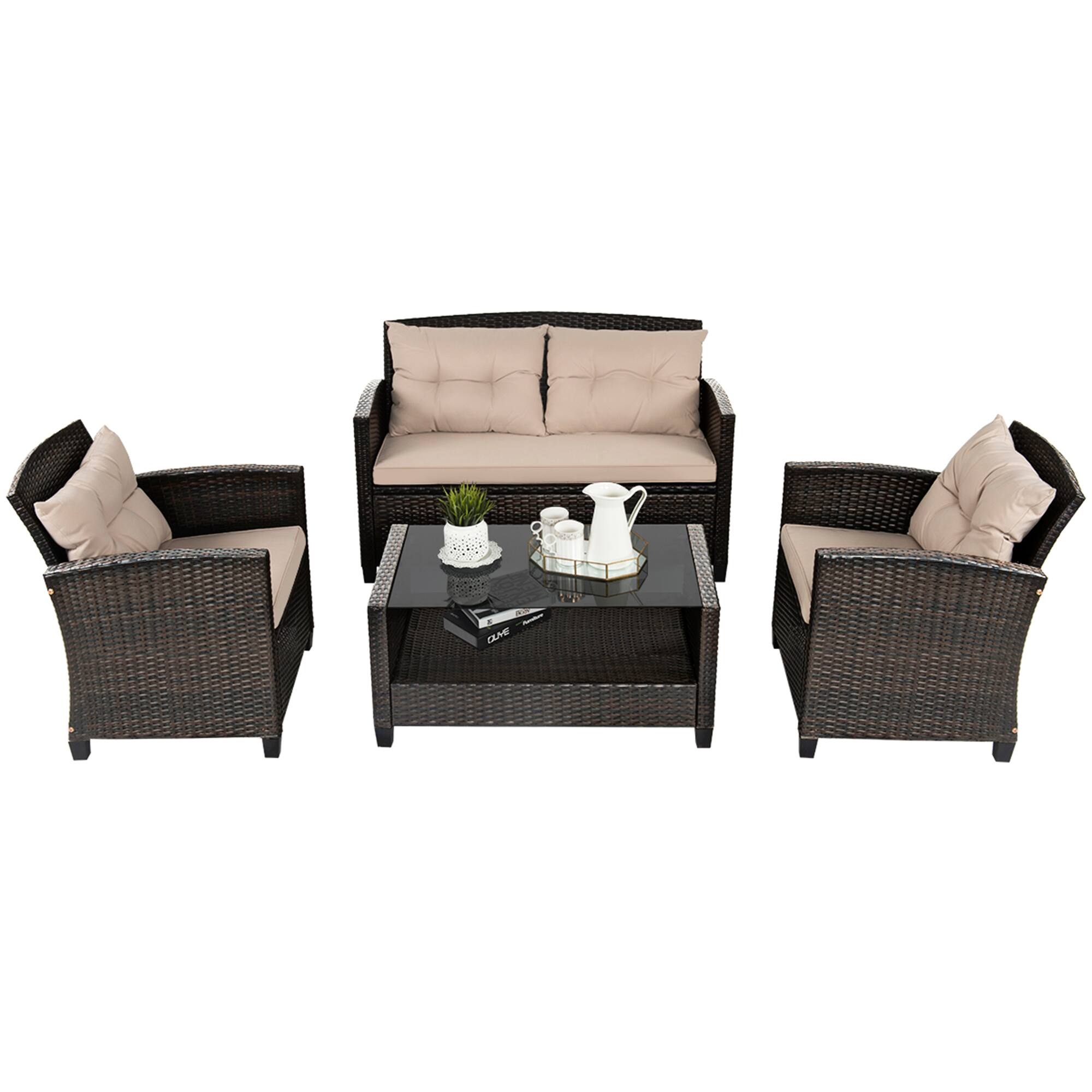Alt View 4. Gymax - Gymax 4pcs Patio Rattan Conversation Set Cushioned Outdoor Furniture Set - Brown.