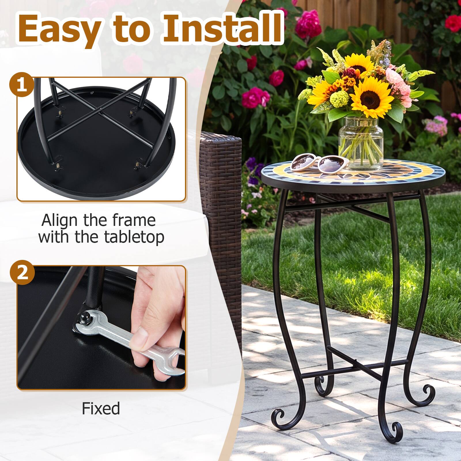 Easy to Install

1. Align the frame with the tabletop
2. Fixed