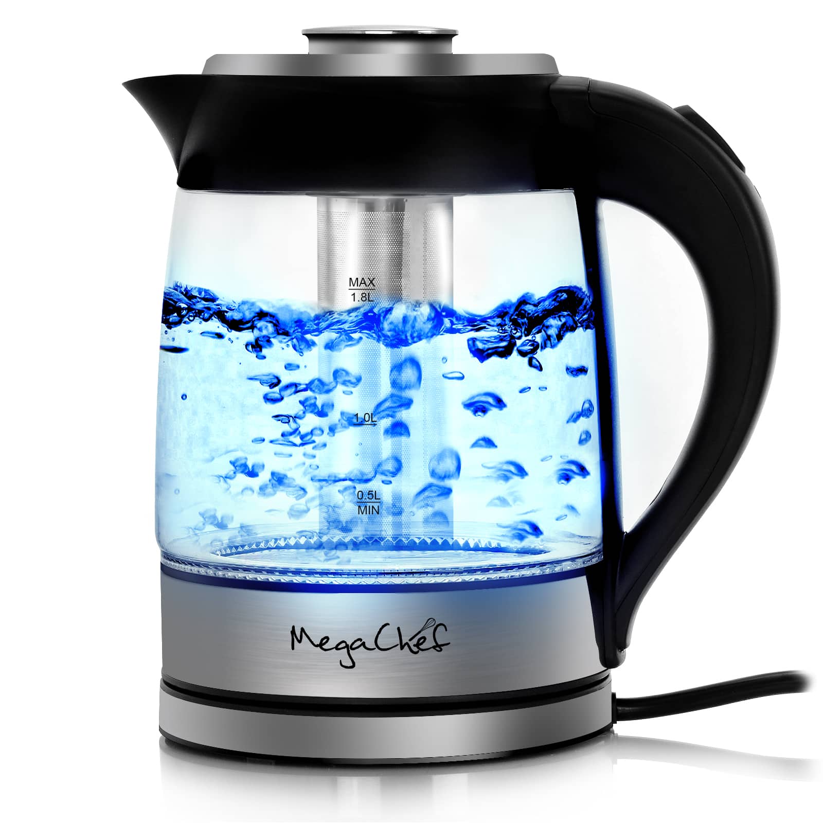 MegaChef - 1.9 Quart Cordless Glass and Stainless Steel Electric Tea Kettle with Tea Infuser - Silver