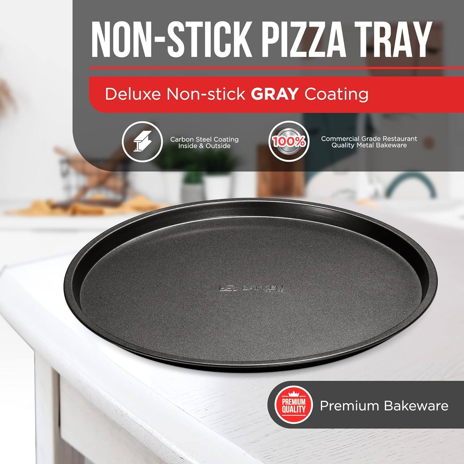 NON-STICK PIZZA TRAY, Deluxe Non-stick GRAY Coating, Carbon Steel Coating Inside & Outside, Commercial Grade Restaurant 100% Quality Metal Bakeware, PREMIUM QUALITY, Premium Bakeware