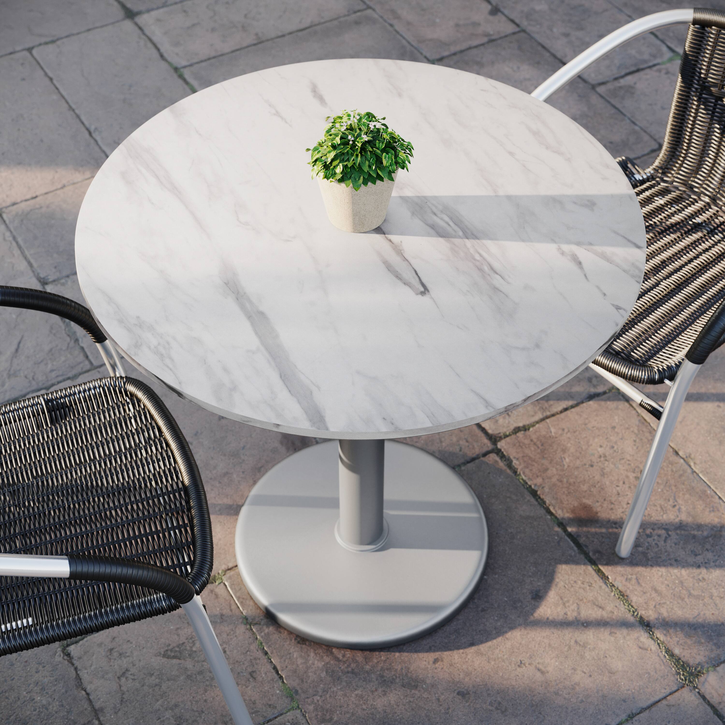 Alt View 4. Emma + Oliver - PureShield Indoor Outdoor Tabletop with Seam-Free Surface Innovation and Cast Iron Bistro Table Base - White Faux Marble/Silver Base.