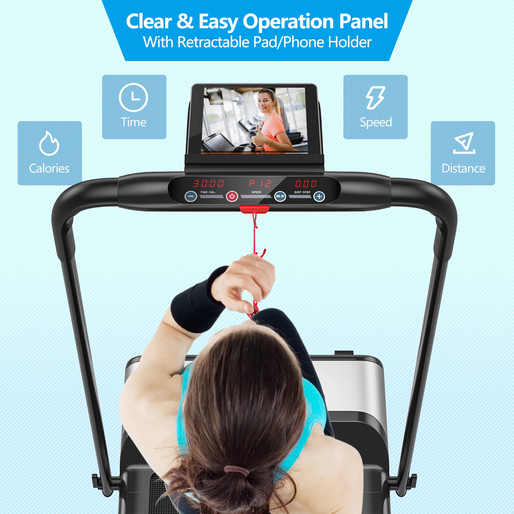 Clear & Easy Operation Panel With Retractable Pad/Phone Holder
Time
Speed
Calories
Distance
3:00
P 12
0.00
DIST-STEP
TIME-CALL