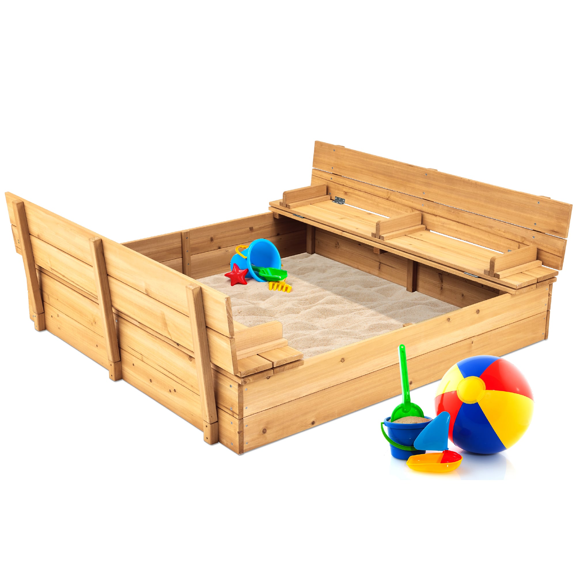 Best Choice Products - Large Outdoor Wooden Sandbox for Kids with Cover and Bench Seats Support up to 220 lbs - Natural
