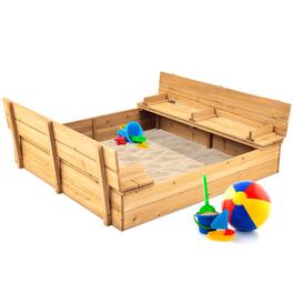 Best Choice Products - Large Outdoor Wooden Sandbox for Kids with Cover and Bench Seats Support up to 220 lbs - Natural