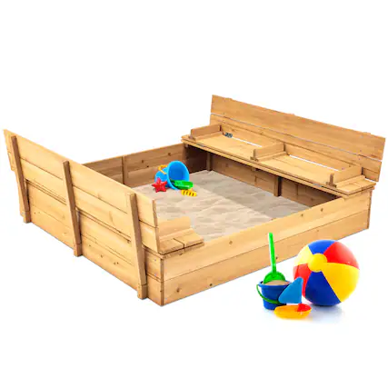 Front. Best Choice Products - Best Choice Products Large Outdoor Wooden Sandbox for Kids with Cover and Bench Seats Support up to 220 lbs - Natural - Natural.