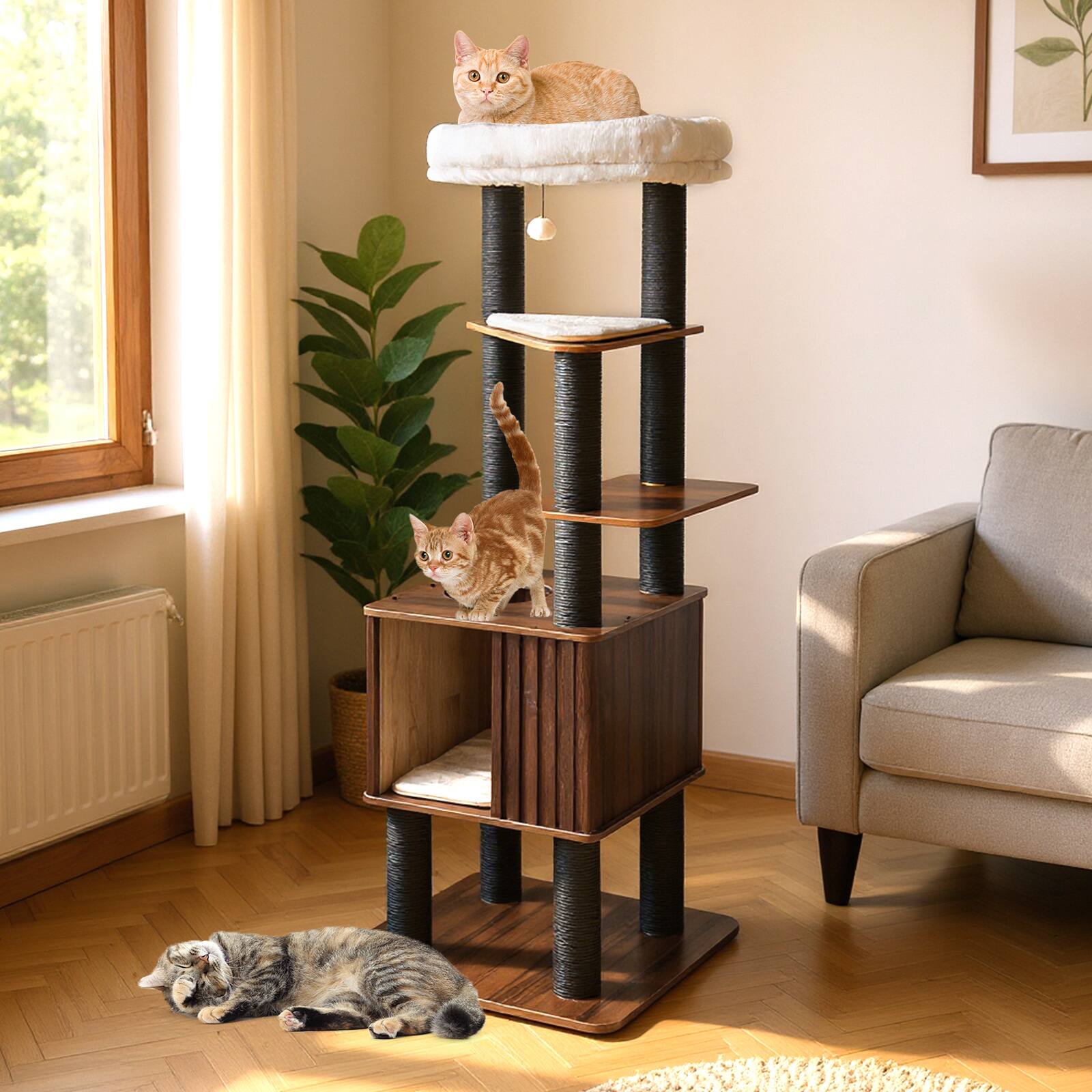 Alt View 3. Gymax - Gymax 64'' Tall Cat Tree for Indoor Cat Wooden Cat Tower Top Perch w/ Soft Padding Large Fence Style Cat Condo.