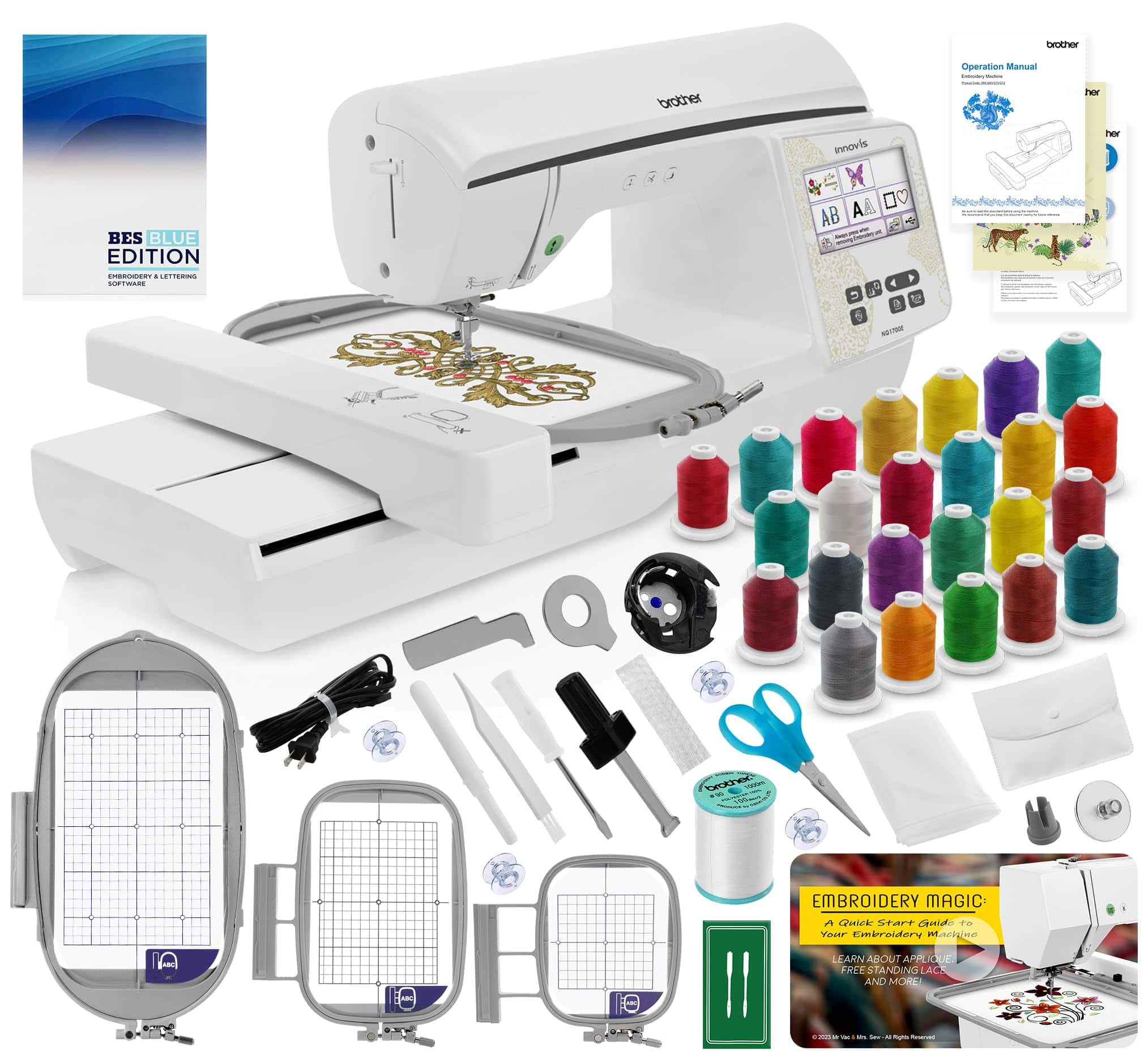 Brother - NQ1700E Embroidery Machine Includes Lettering Software + 4" x 4" Hoop + 24 Spools of Thread + Embroidery Video - White