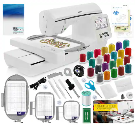 Sure, here is the corrected and grouped text from the image:
---
**BES BLUE EDITION**
EMBROIDERY LETTERING
SOFT FRAME
**brother**
Innovis
Operation Manual
**EMBROIDERY MAGIC: A Quick Start Guide to Your Embroidery Machine**
LEARN ABOUT APPLIQUE
FREE STANDING LACE
AND MORE!
---
This text is organized based on the visible elements in the image.