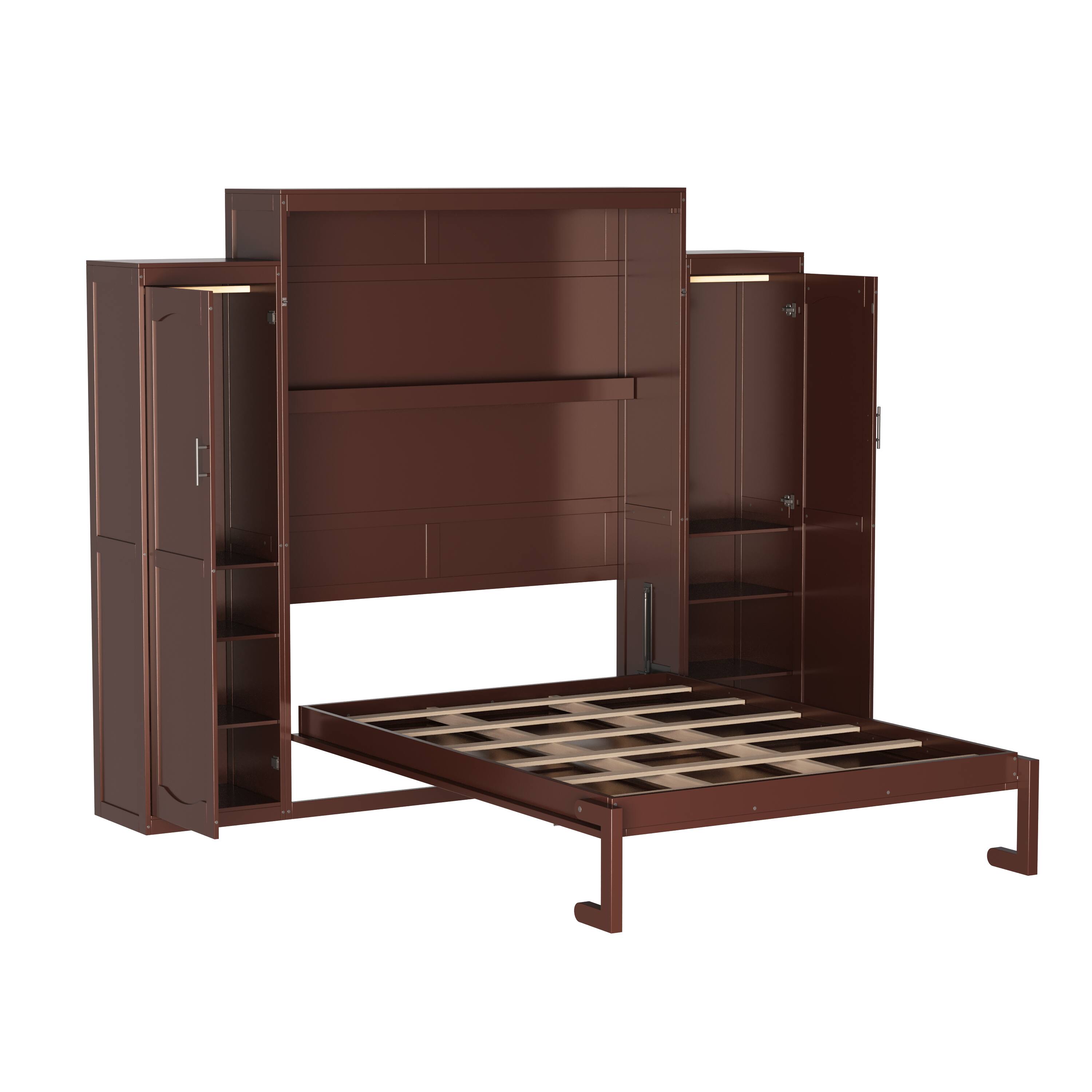 Alt View 4. Tiramisubest - Queen Size Murphy Bed, Wooden Foldable with 2 Wardrobes & Shelf, Walnut, for Guest/Bedroom - Walnut.