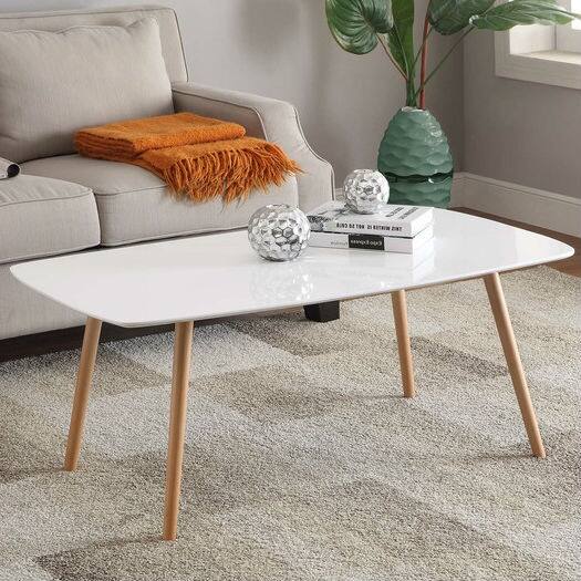 Hivvago - Top Mid-Century Coffee Table with Solid Wood Legs - White