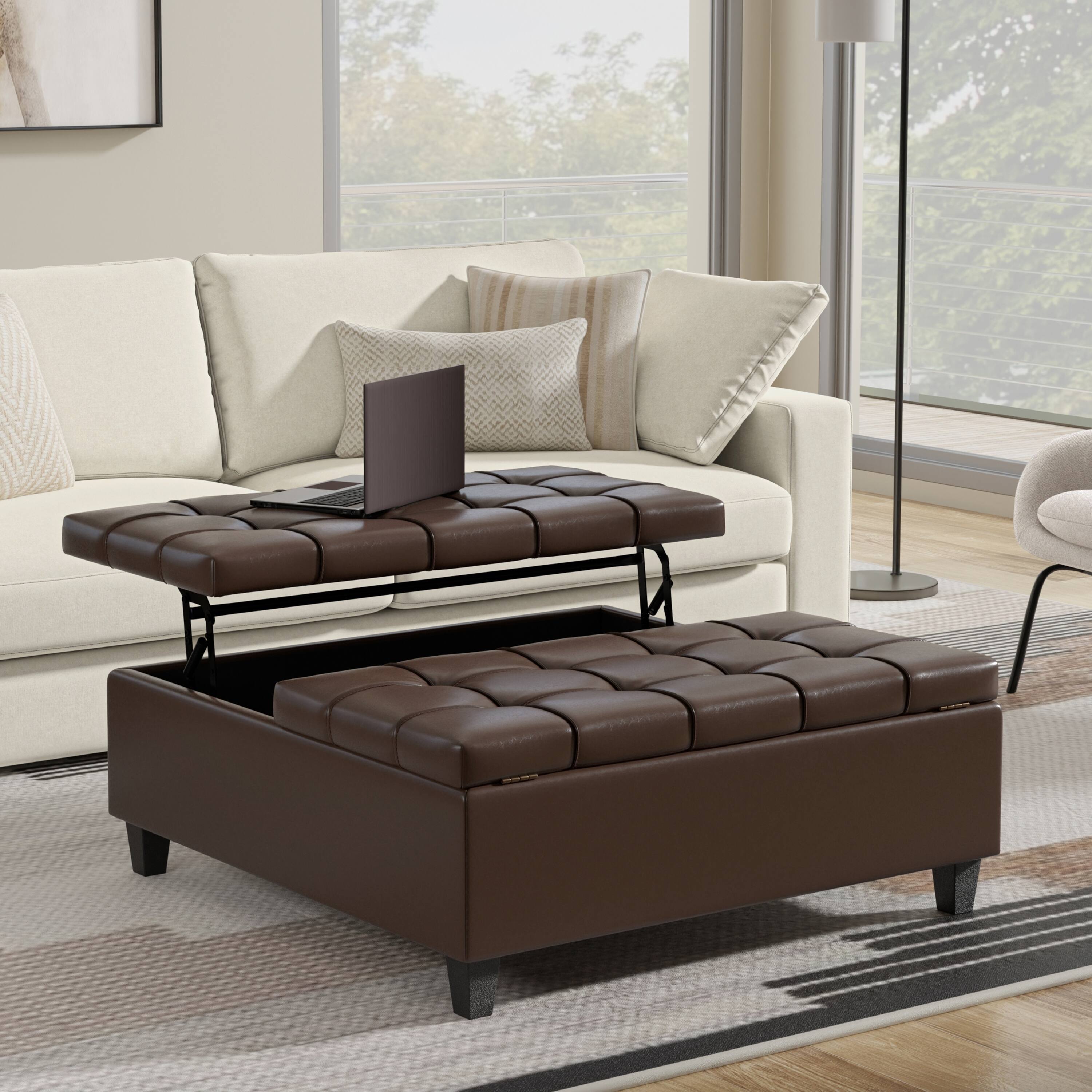 Angle. Simpli Home - Harrison 40 inch Wide Large Square Coffee Table Storage Ottoman in Chocolate Brown Vegan Leather - Chocolate Brown.