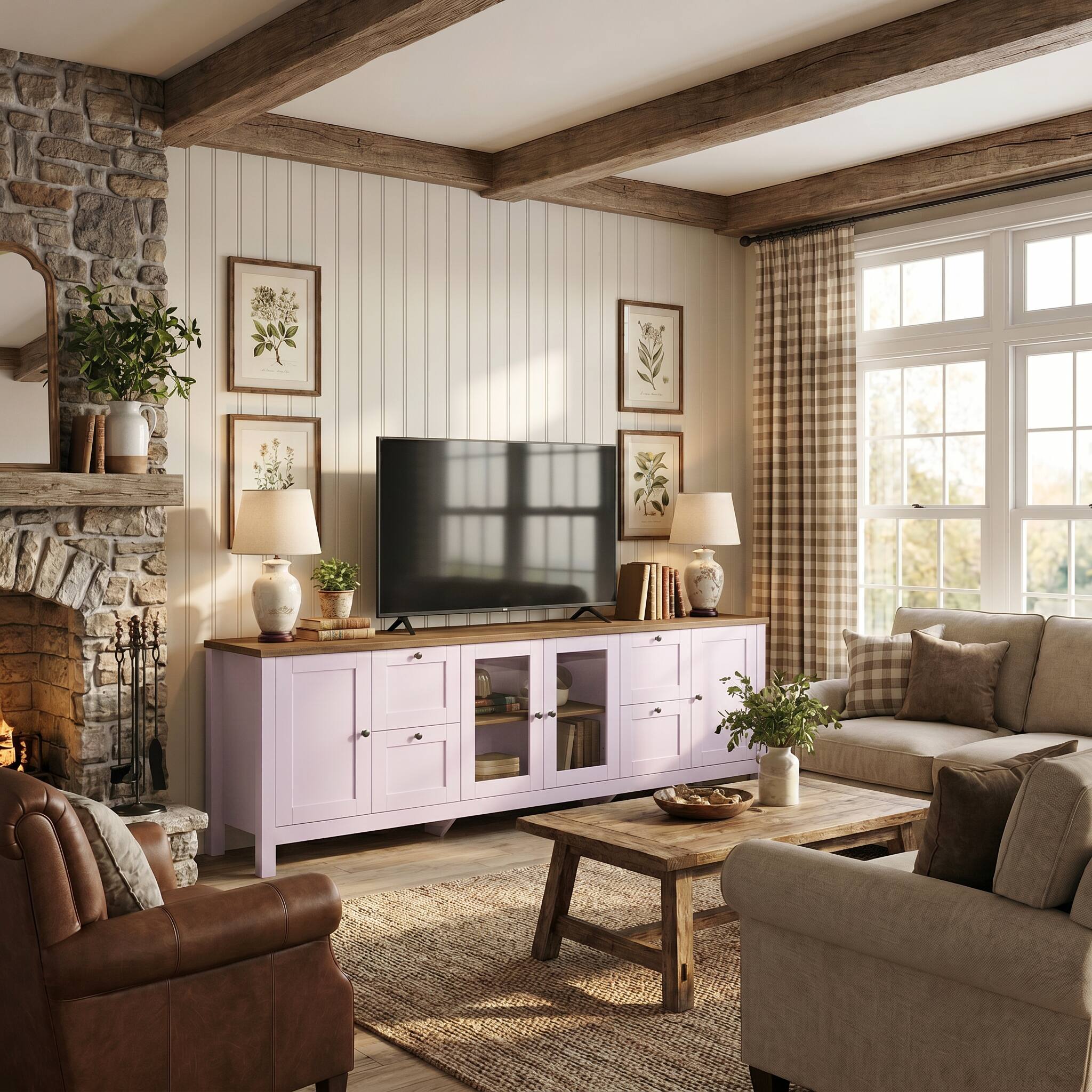 Alt View 2. Famapy - 90.6" Farmhouse TV Stand for 85 Inch TV, Glass Doors, Adjustable Shelves, 10-Compartment Storage - Pink & Wooden.