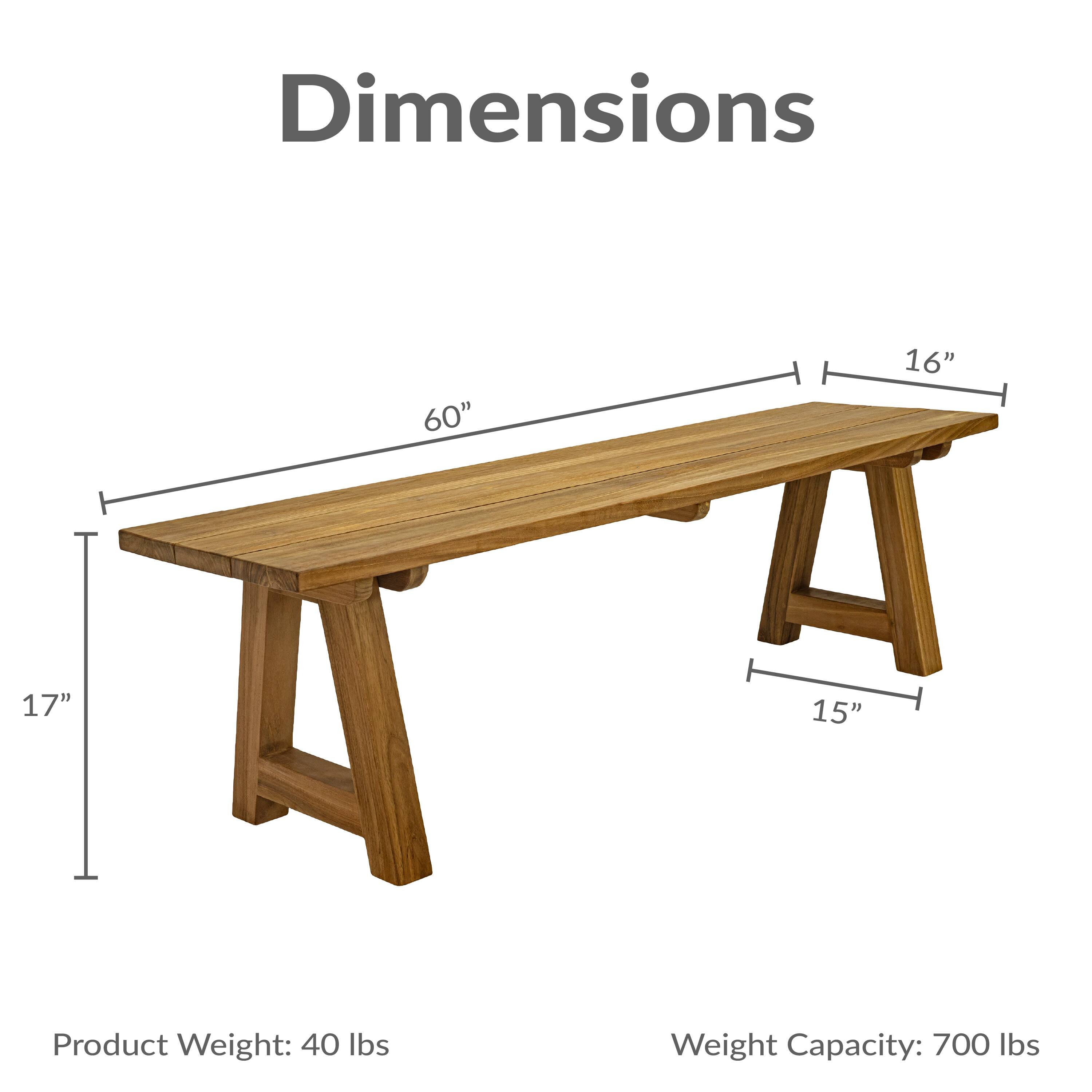 Dimensions
- Length: 60"
- Width: 16"
- Height: 17"
- Leg Width: 15"

Product Weight: 40 lbs
Weight Capacity: 700 lbs
