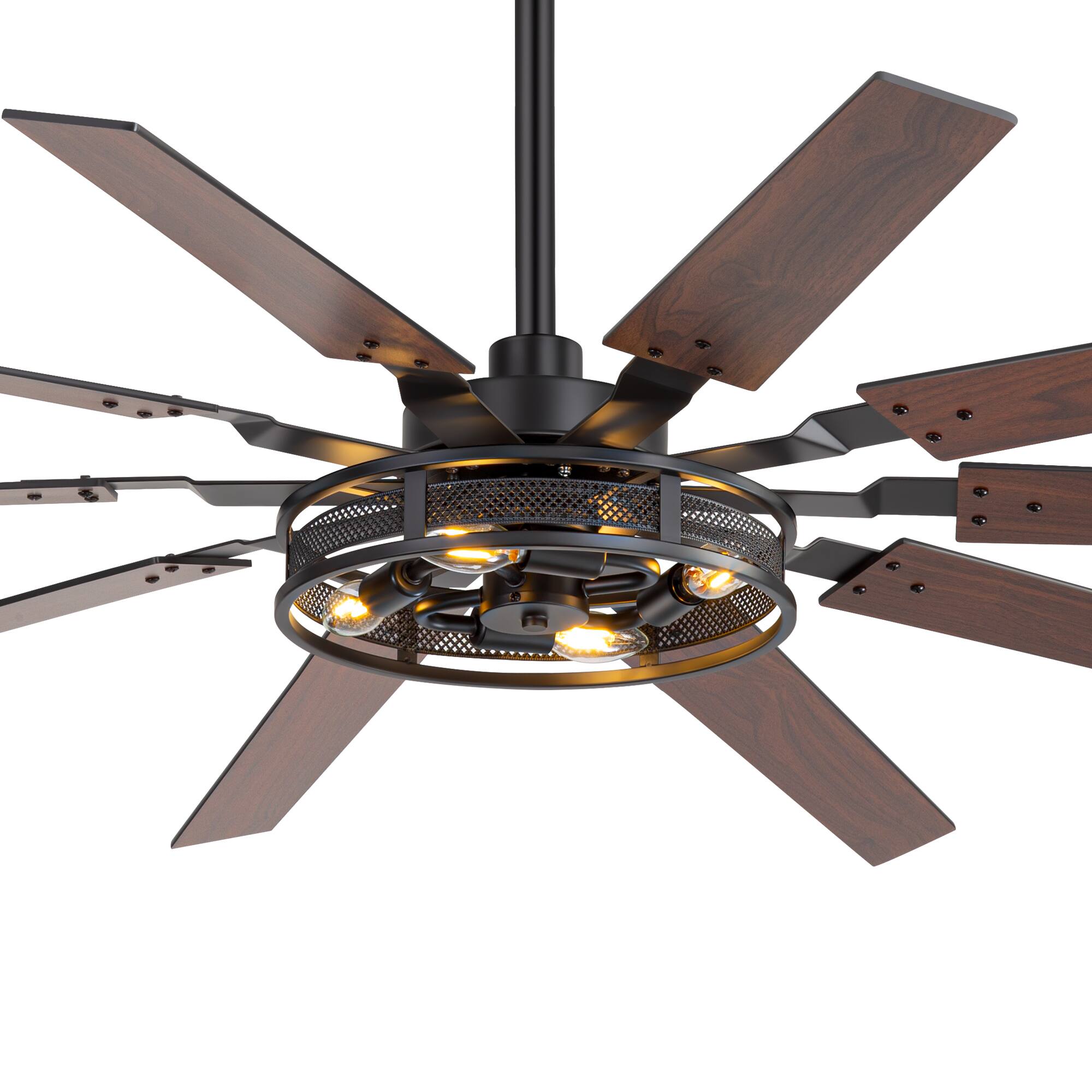 Left. Breezary - 60-inch Ceiling Fan with Light Kit, 10 Plywood Blades, DC Motor, 6-Speed Remote Control with Memory Function - Matte Black and Dark Walnut Color.