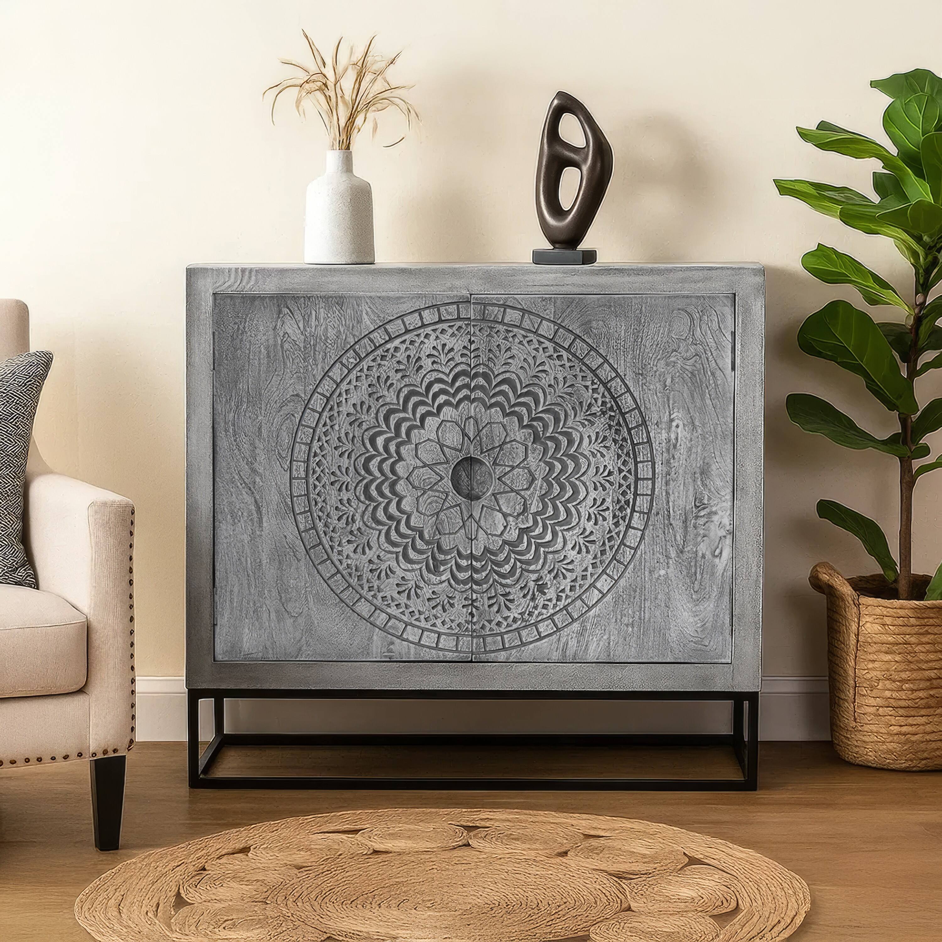 Alt View 9. Manhattan Lane - Zera 39 Inch Handcrafted Accent Cabinet with 2 Doors - Gray and Black.