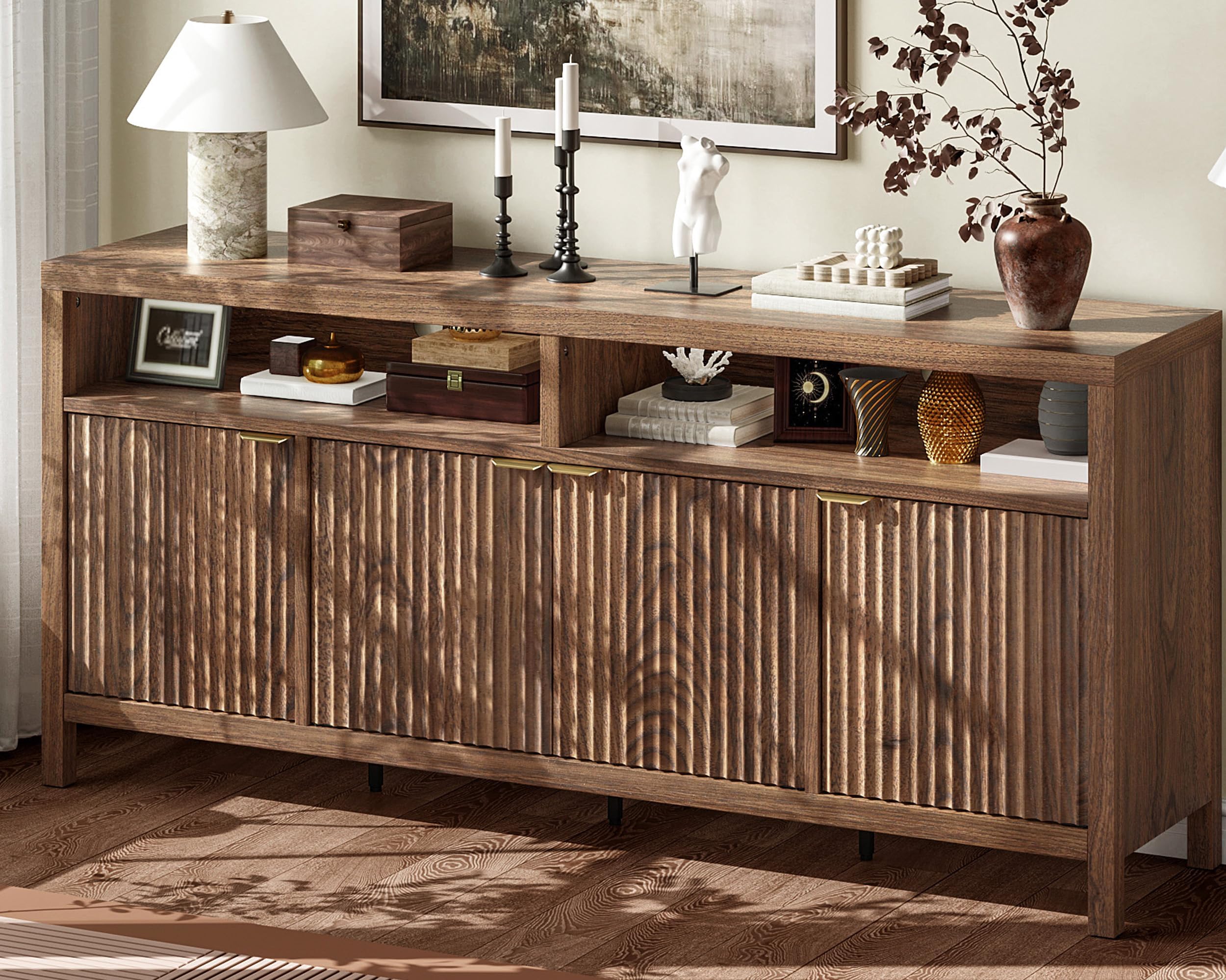 Acekool - 65.8 Inch Fluted Sideboard Buffet Cabinet with 4 Doors, Morden Kitchen Storage Cabinet, Wood Sideboard Storage Cabinet - Walnut