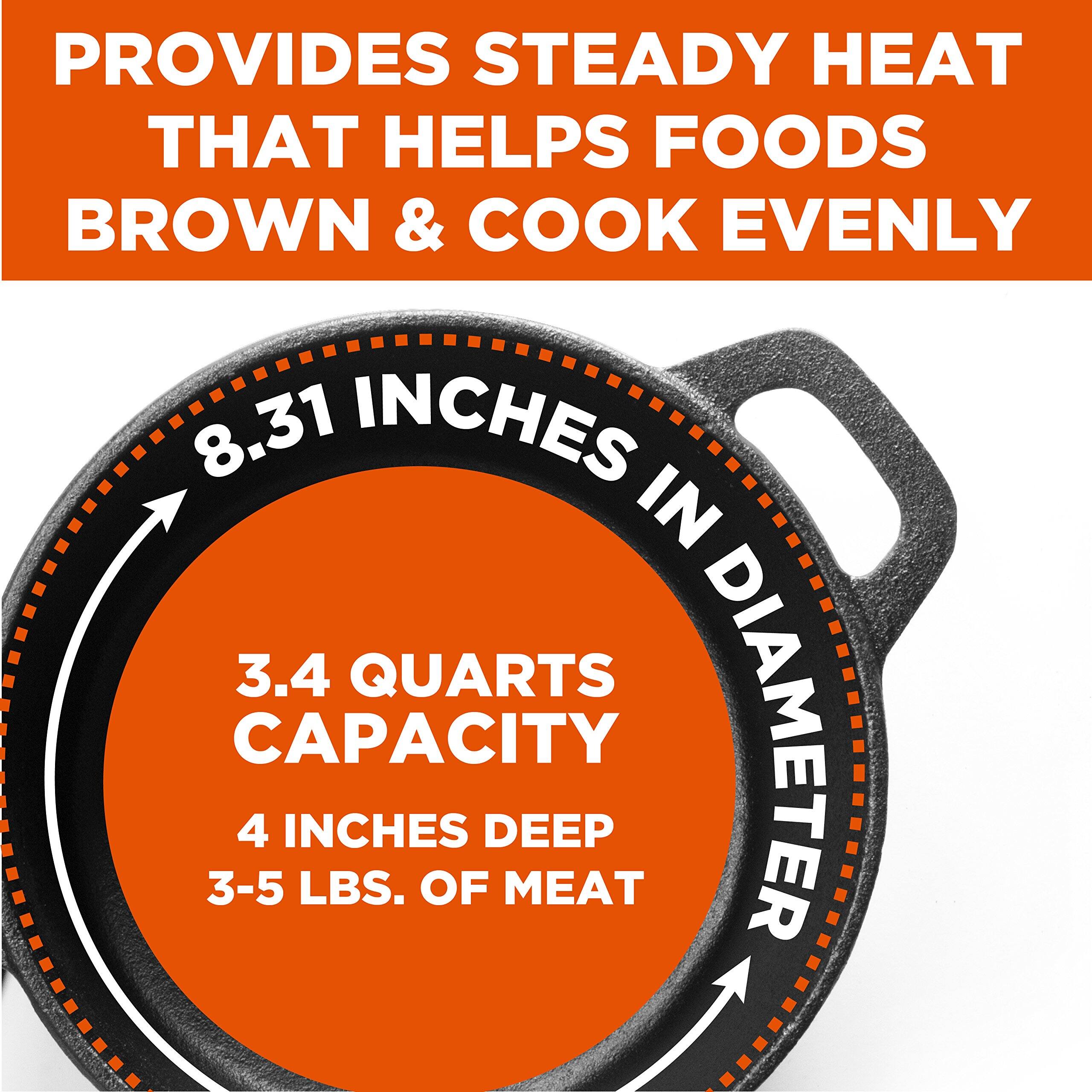 PROVIDES STEADY HEAT THAT HELPS FOODS BROWN & COOK EVENLY, 8.31 INCHES IN DIAMETER, 3.4 QUARTS CAPACITY, 4 INCHES DEEP, 3-5 LBS. OF MEAT
