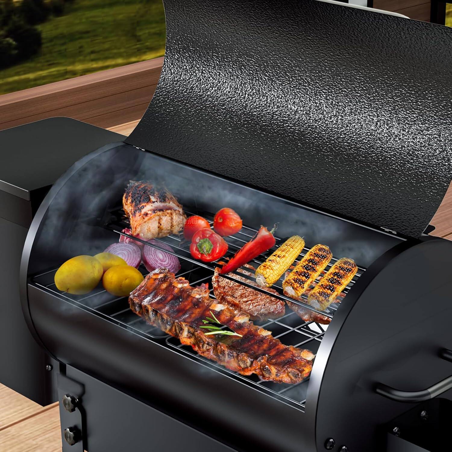 Angle. KingChii - KingChii 456 SQ.IN Wood Pellet Grill Smoker with Auto Temperature Control for Outdoor RV BBQ in Black - Black.