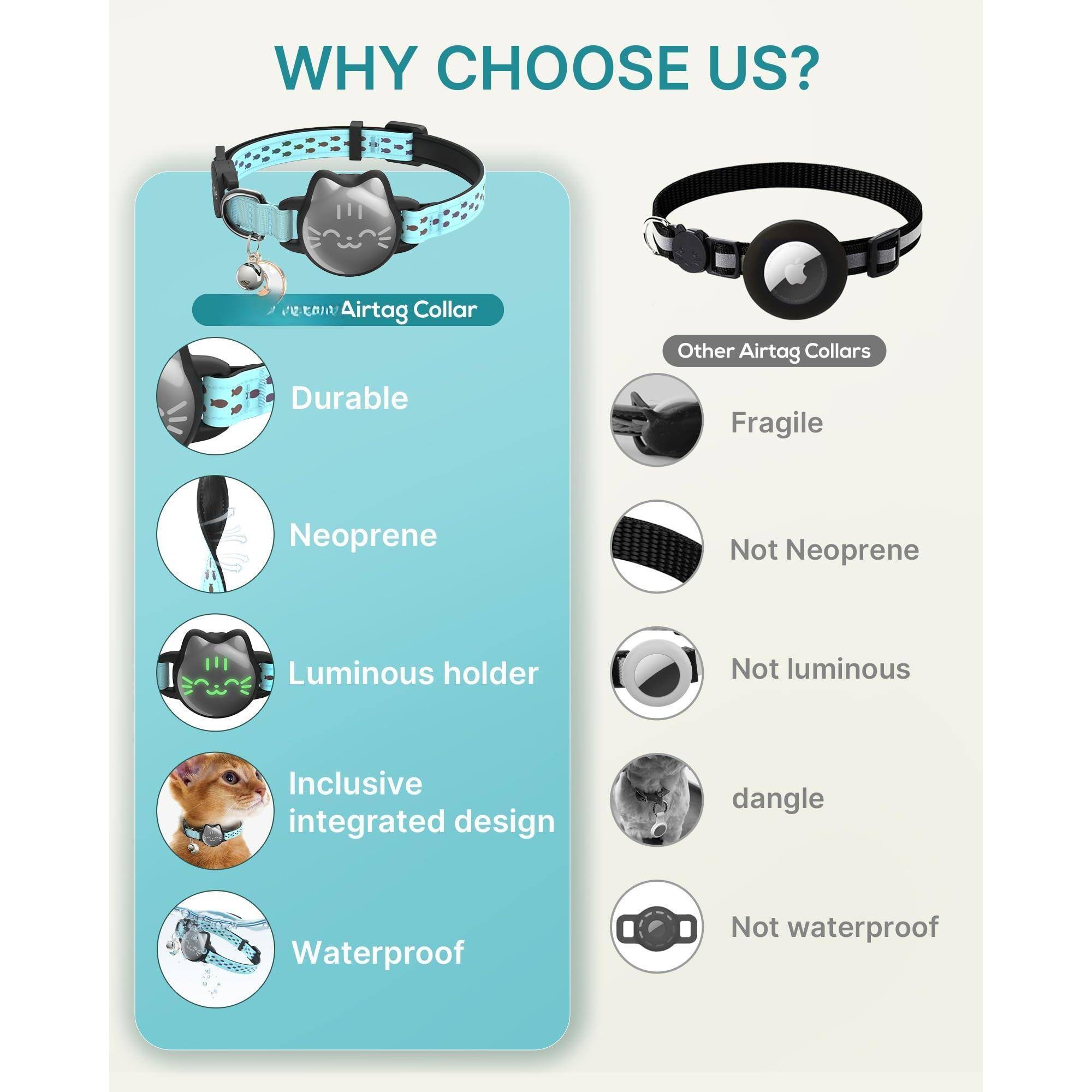 **WHY CHOOSE US?**

**Airtag Collar**
- Durable
- Neoprene
- Luminous holder
- Inclusive integrated design
- Waterproof

**Other Airtag Collars**
- Fragile
- Not Neoprene
- Not luminous
- dangle
- Not waterproof