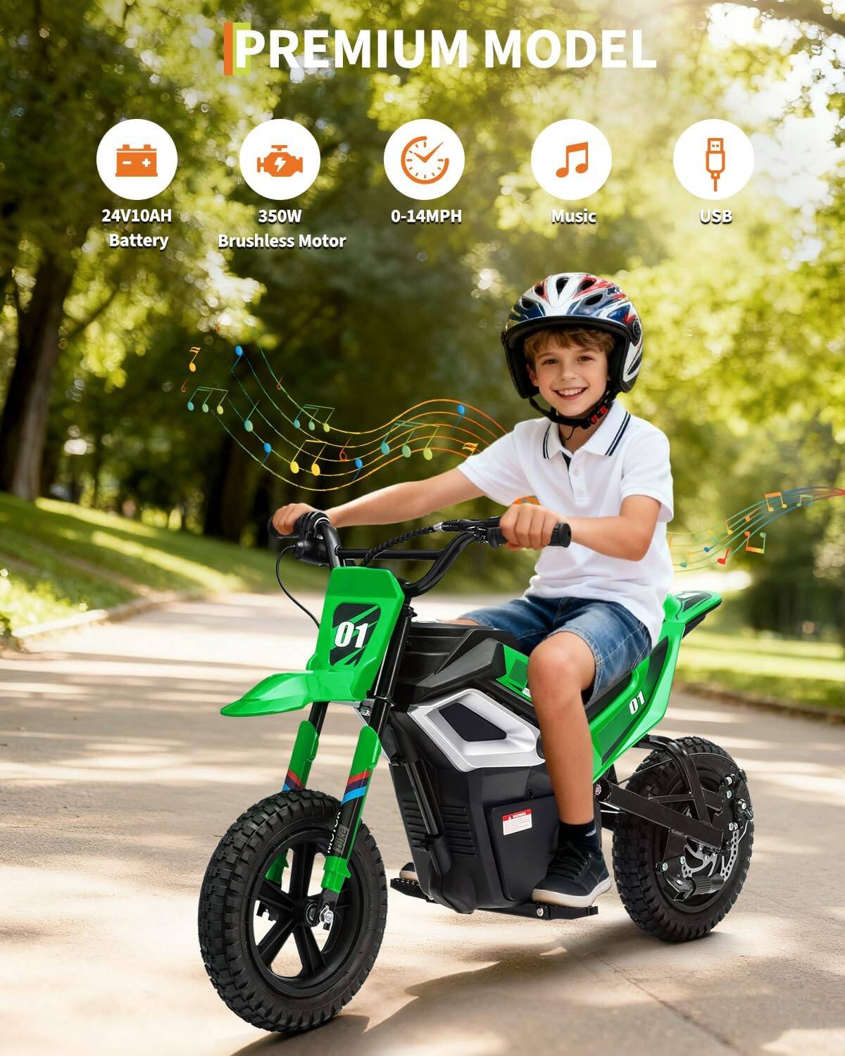 PREMIUM MODEL  
24V10AH Battery  
350W Brushless Motor  
0-14MPH  
Music  
USB