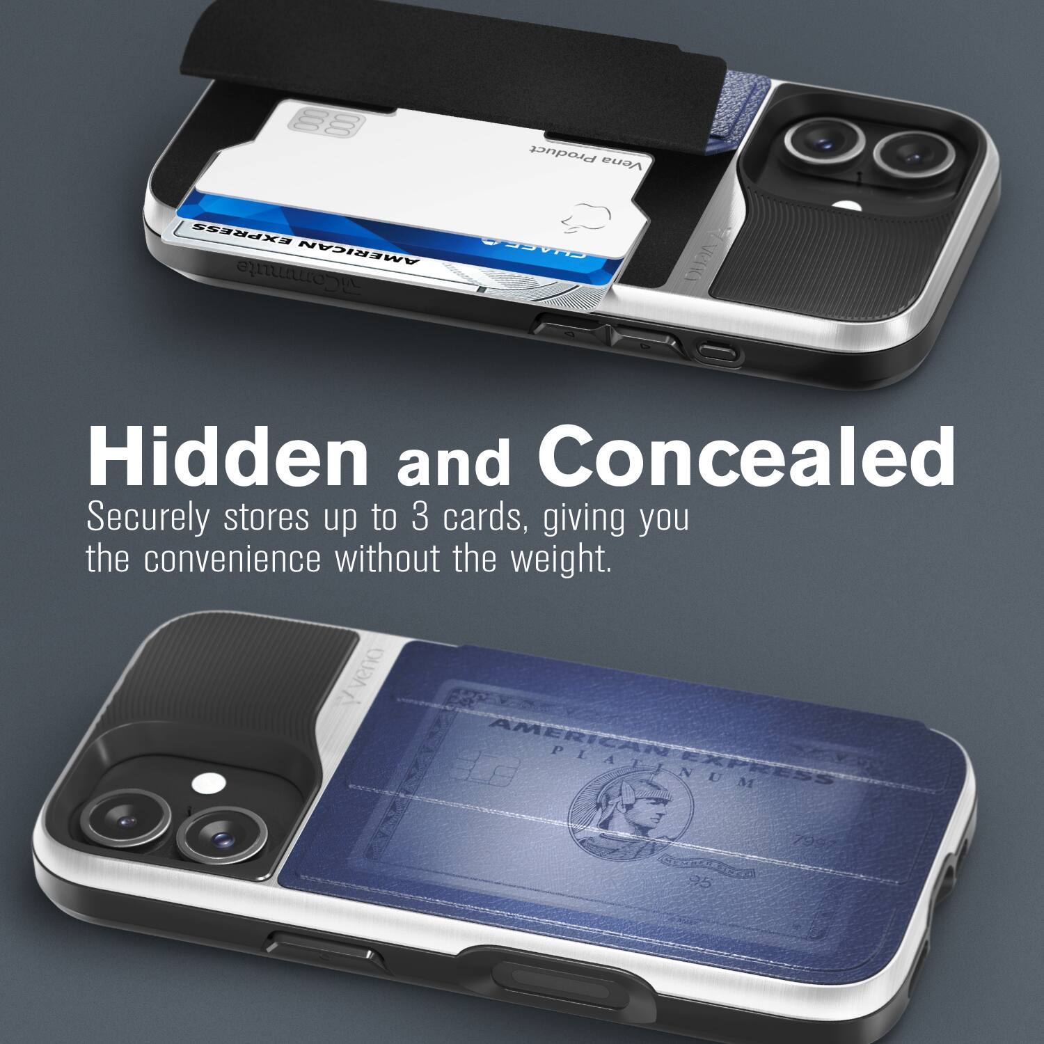 Hidden and Concealed
Securely stores up to 3 cards, giving you the convenience without the weight.