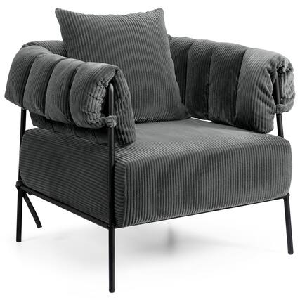 Front. KERDOM - Corduroy Barrel Accent Chair, Modern Upholstered Armchair Cozy Vanity Leisure Lounge Chair with Pillow for Reading Nook - Grey.