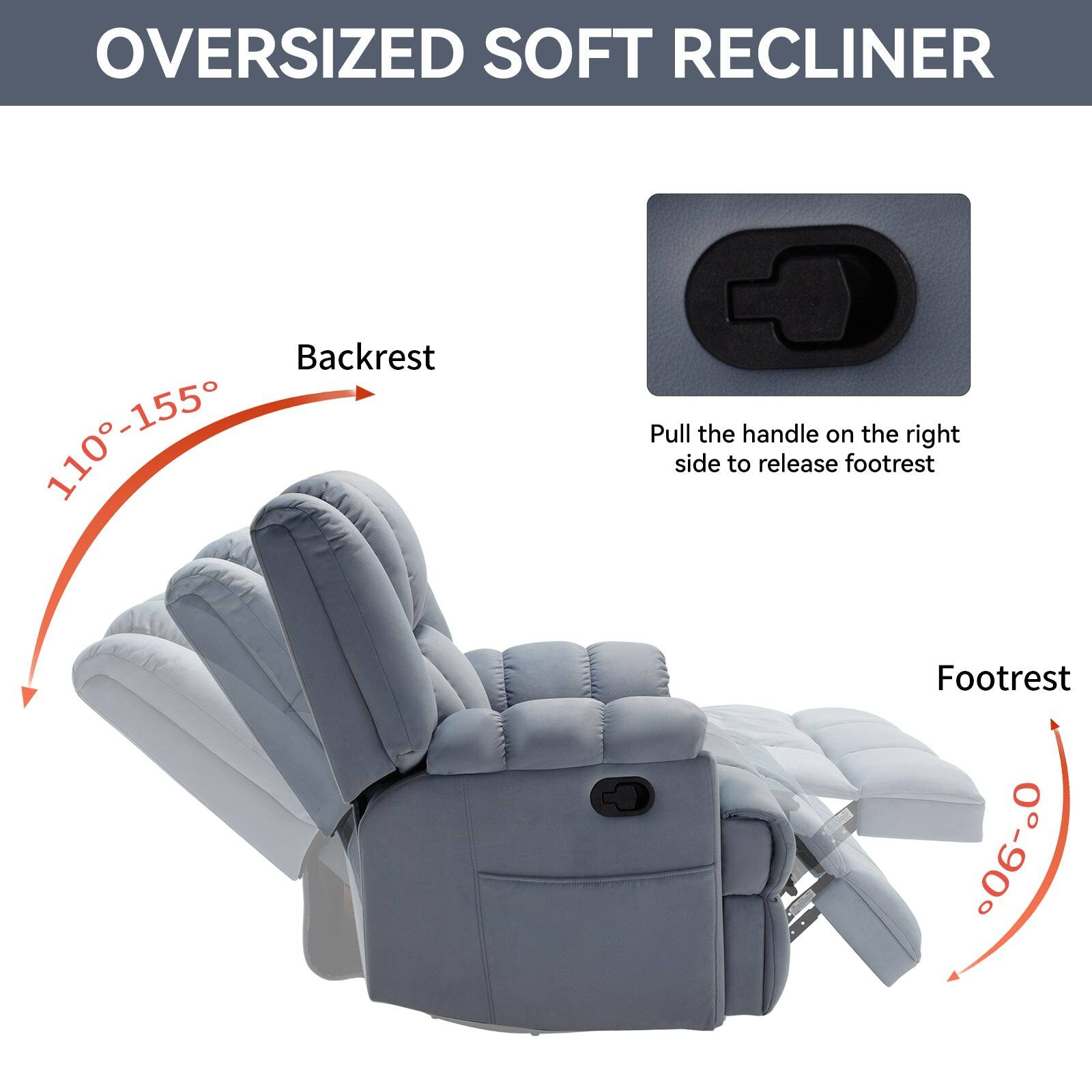 OVERSIZED SOFT RECLINER
Backrest 110-155
Pull the handle on the right side to release footrest
Footrest 0-90